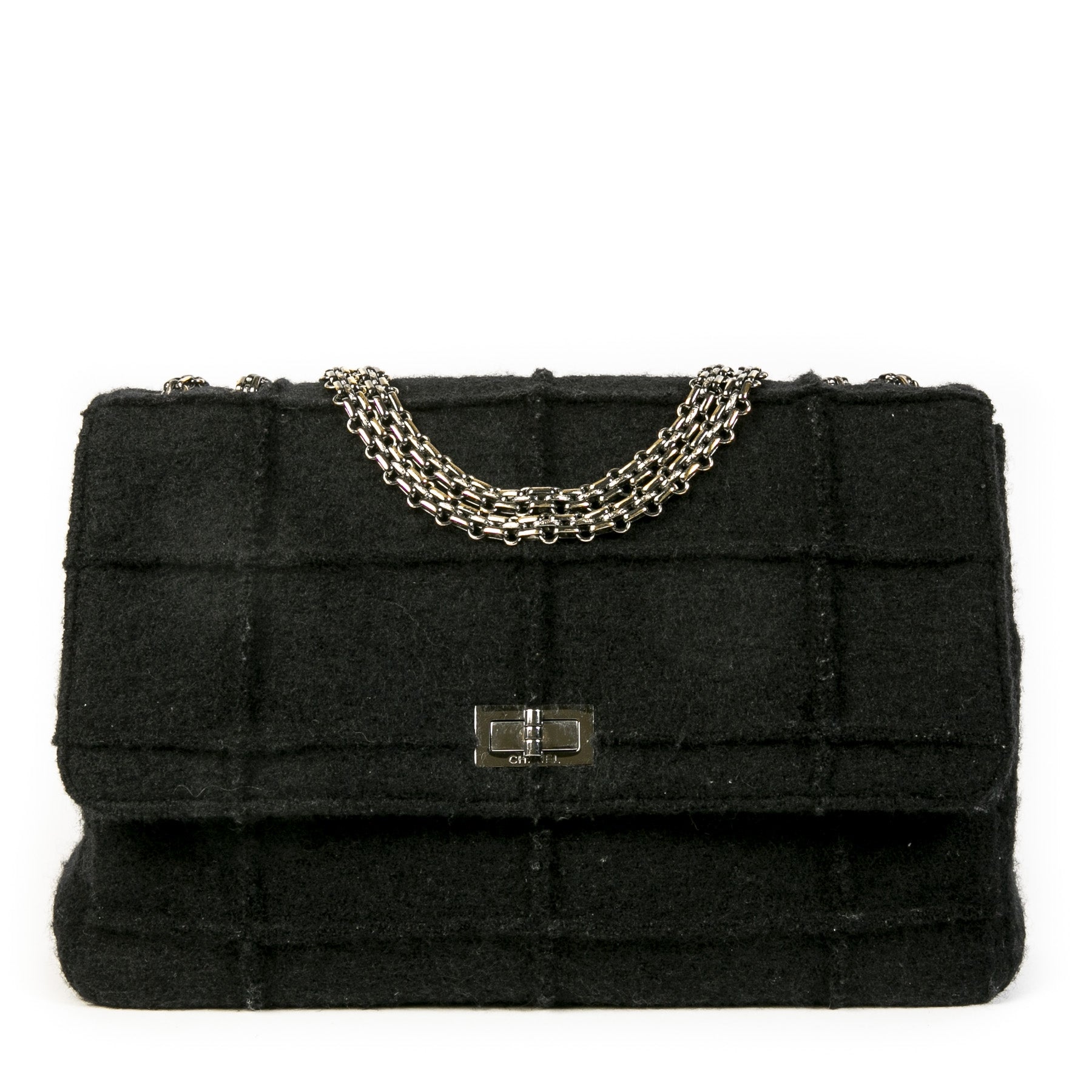 Authentieke Tweedehands Chanel 2.55 Reissue Black Wool Jumbo Flap Bag juiste prijs veilig online shoppen luxe merken webshop winkelen Antwerpen België mode fashion
