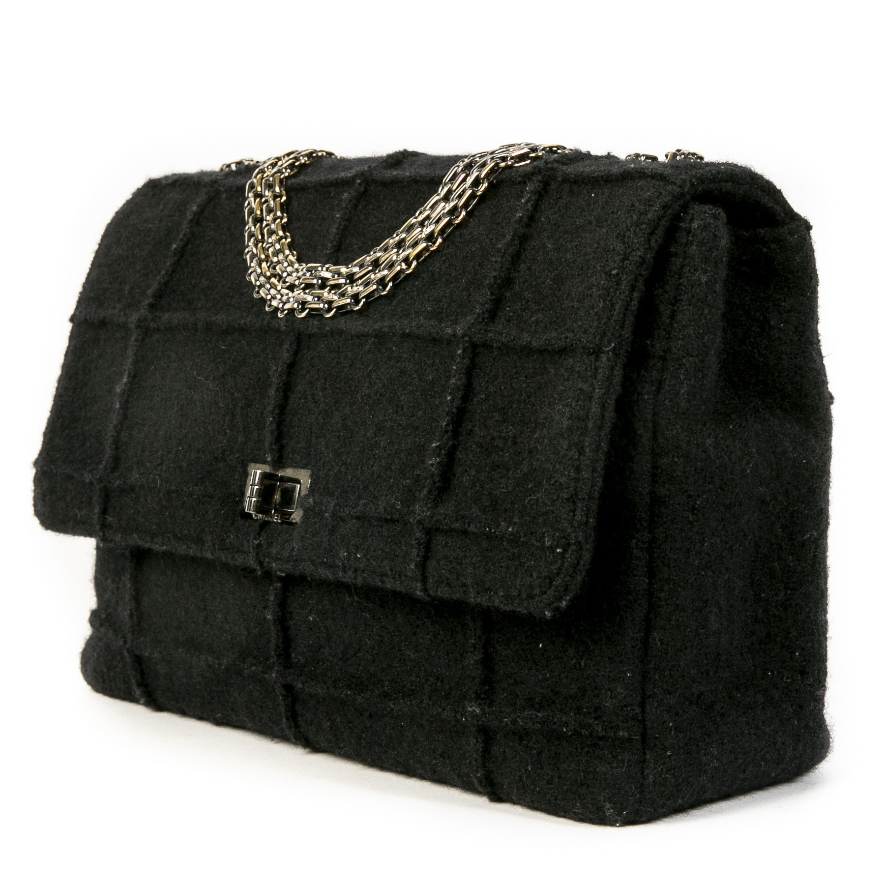 Authentieke Tweedehands Chanel 2.55 Reissue Black Wool Jumbo Flap Bag juiste prijs veilig online shoppen luxe merken webshop winkelen Antwerpen België mode fashion