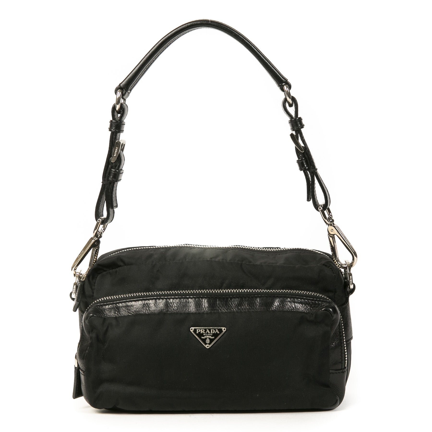 Authentieke Tweedehands Prada Black Nylon Shoulder Bag Small juiste prijs veilig online shoppen luxe merken webshop winkelen Antwerpen België mode fashion