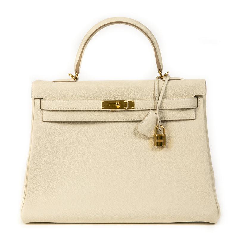 Koop en verkoop uw authentieke designer Hermès Kelly 35 Retourne Togo Craie GHW