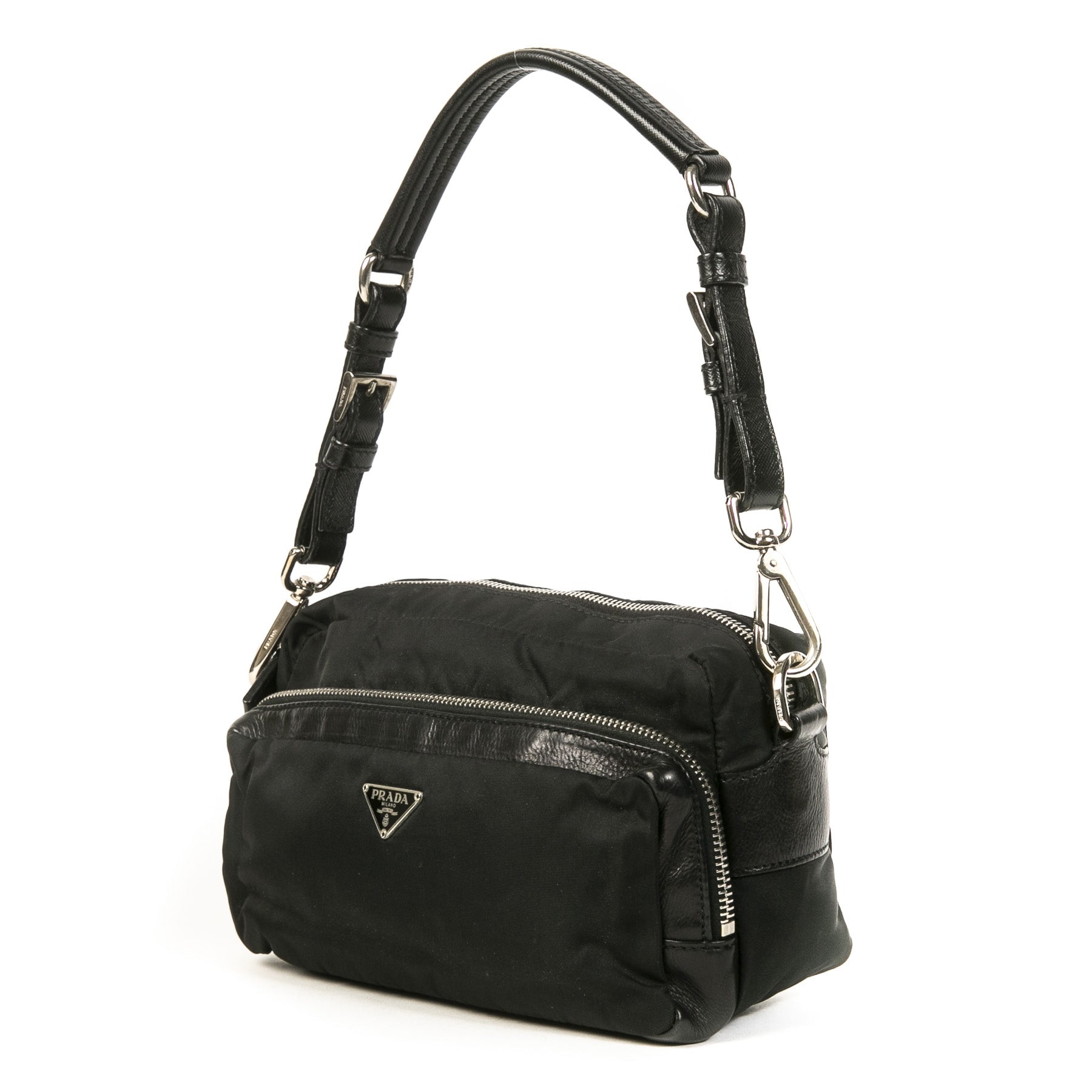 Authentieke Tweedehands Prada Black Nylon Shoulder Bag Small juiste prijs veilig online shoppen luxe merken webshop winkelen Antwerpen België mode fashion