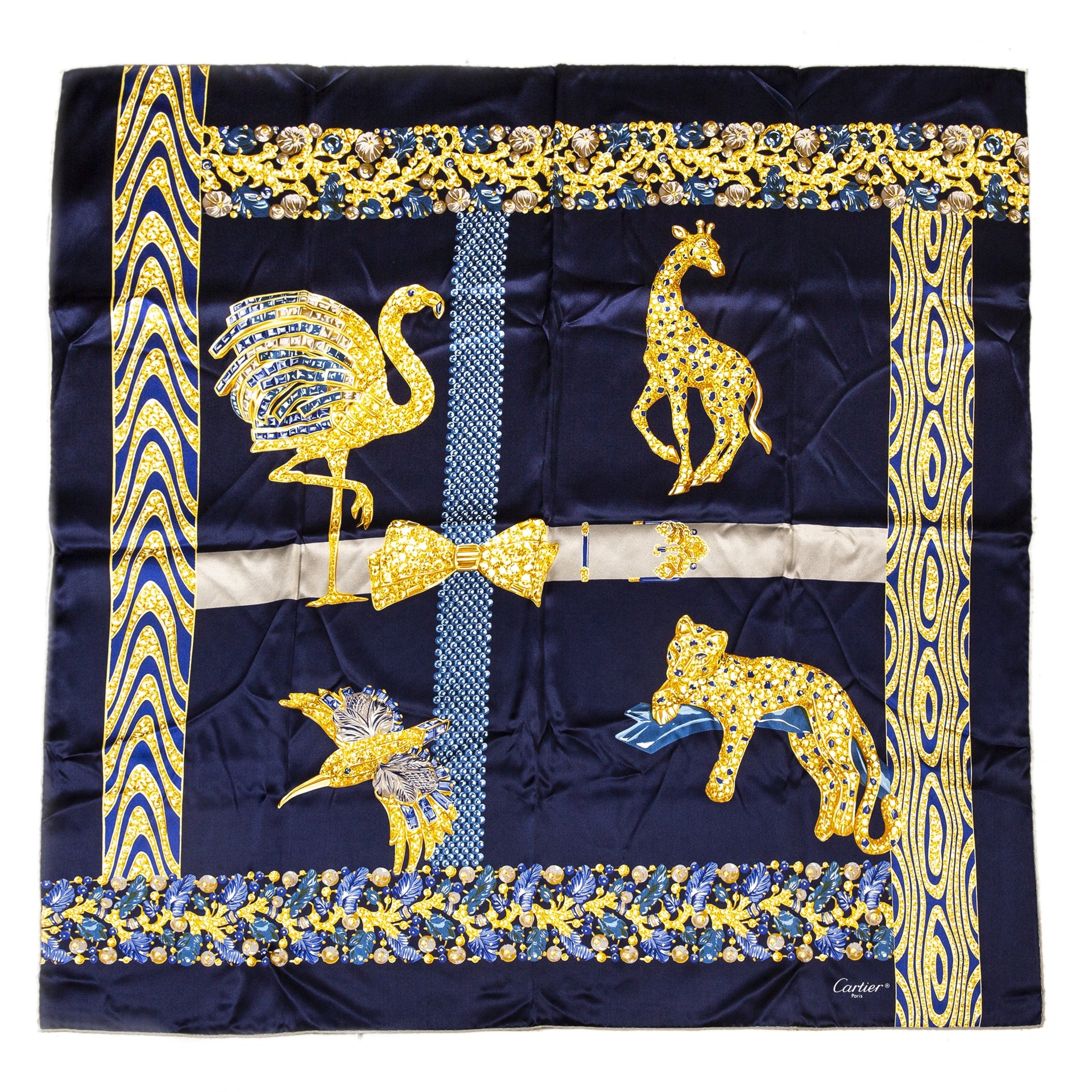 Cartier Dark Blue Silk Scarf Animal Print