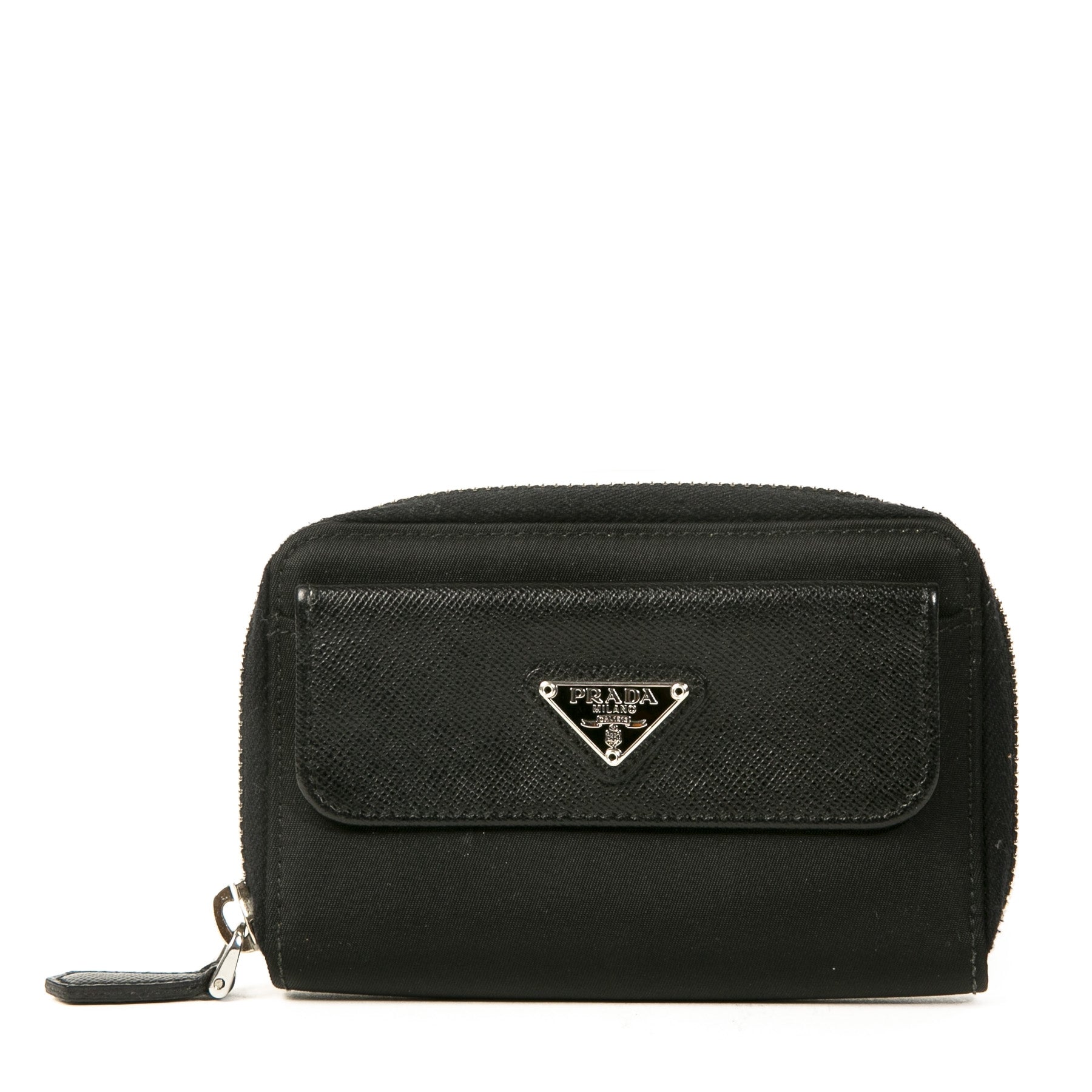 Authentic second-hand vintage Prada Black Leather Nylon Wallet at online webshop LabelLOV
