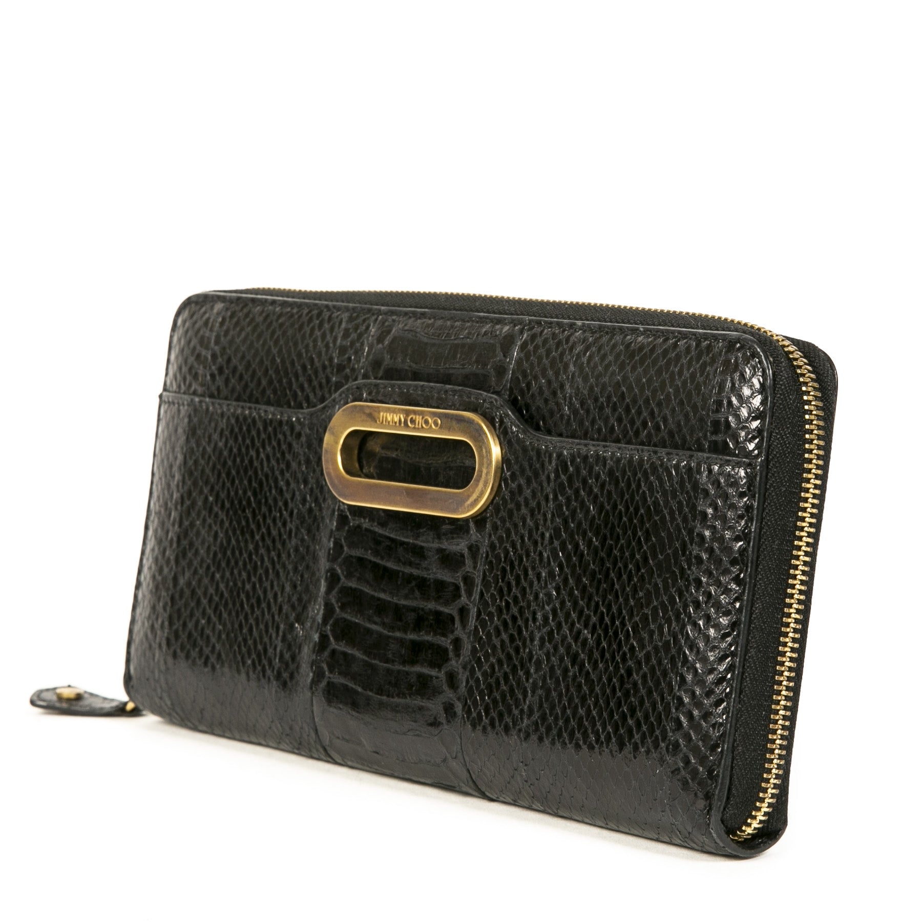 Authentieke Tweedehands Jimmy Choo Black Python Embossed Leather Clutch juiste prijs veilig online shoppen luxe merken webshop winkelen Antwerpen België mode fashion