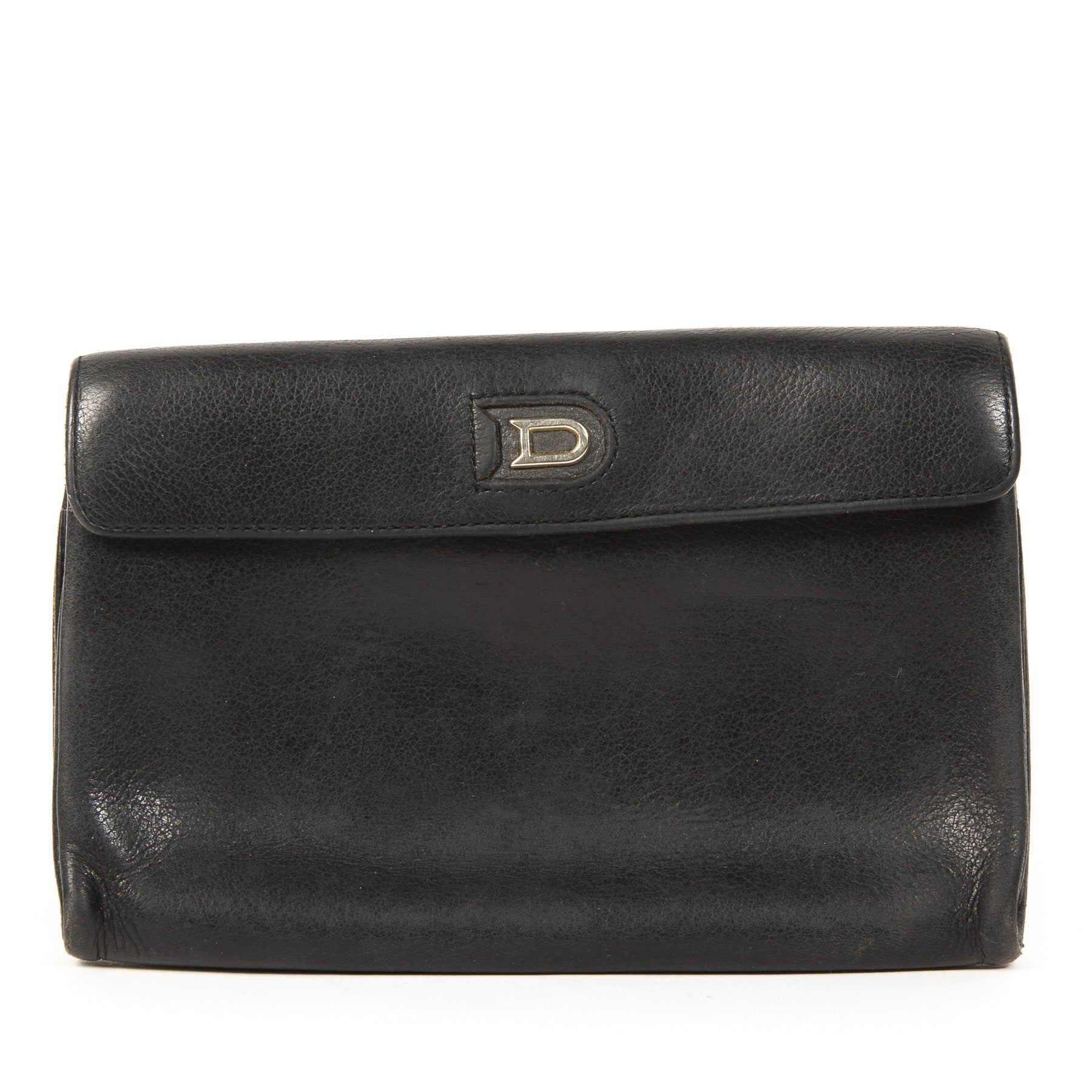 Authentieke tweedehands Delvaux Black Leather Wallet Silver D Logo juiste prijs veilig online winkelen LabelLOV webshop luxe merken winkelen Antwerpen België mode fashion