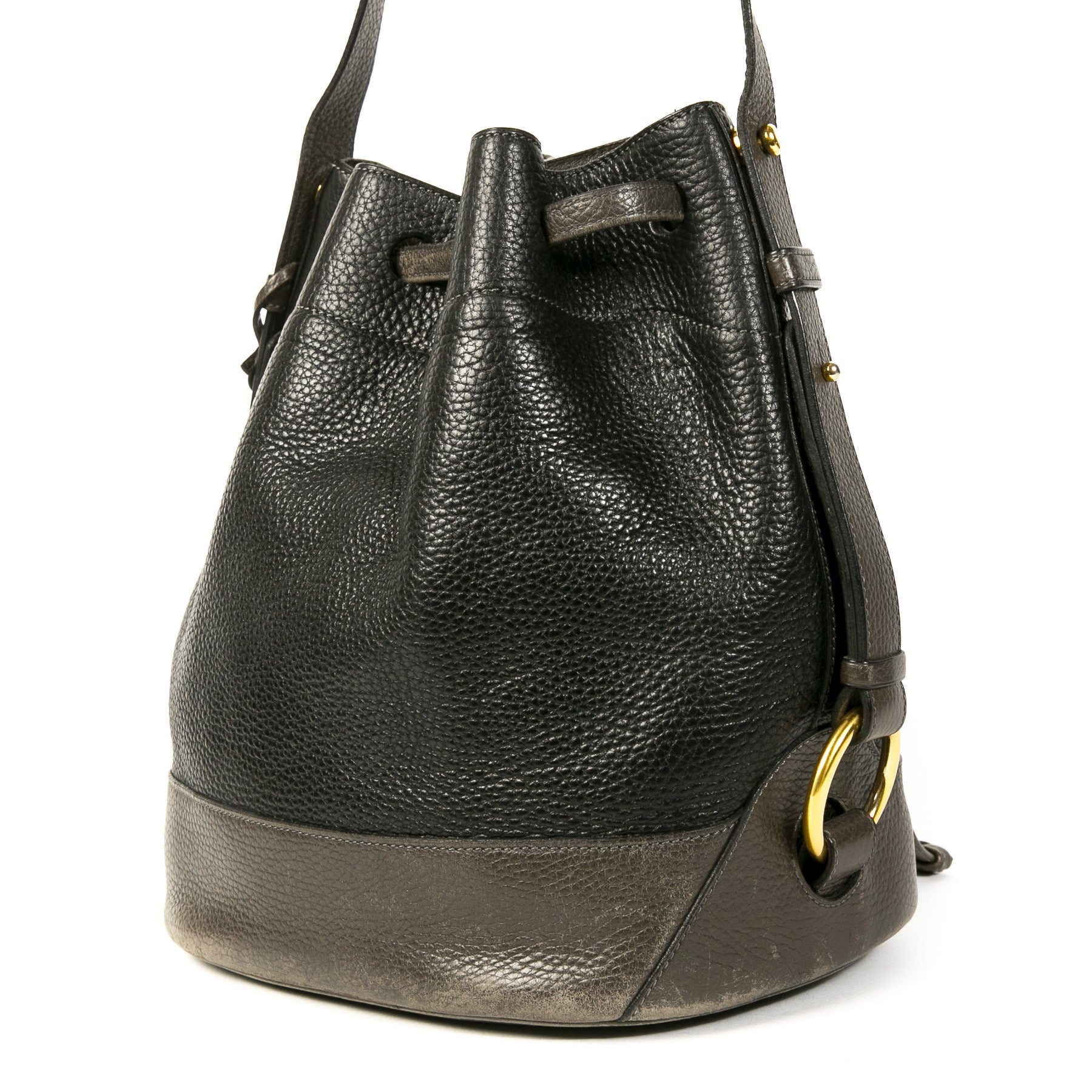 Authentieke Tweedehands Delvaux Black & Grey Leather Drawstring Bucket Bag juiste prijs veilig online shoppen luxe merken webshop winkelen Antwerpen België mode fashion