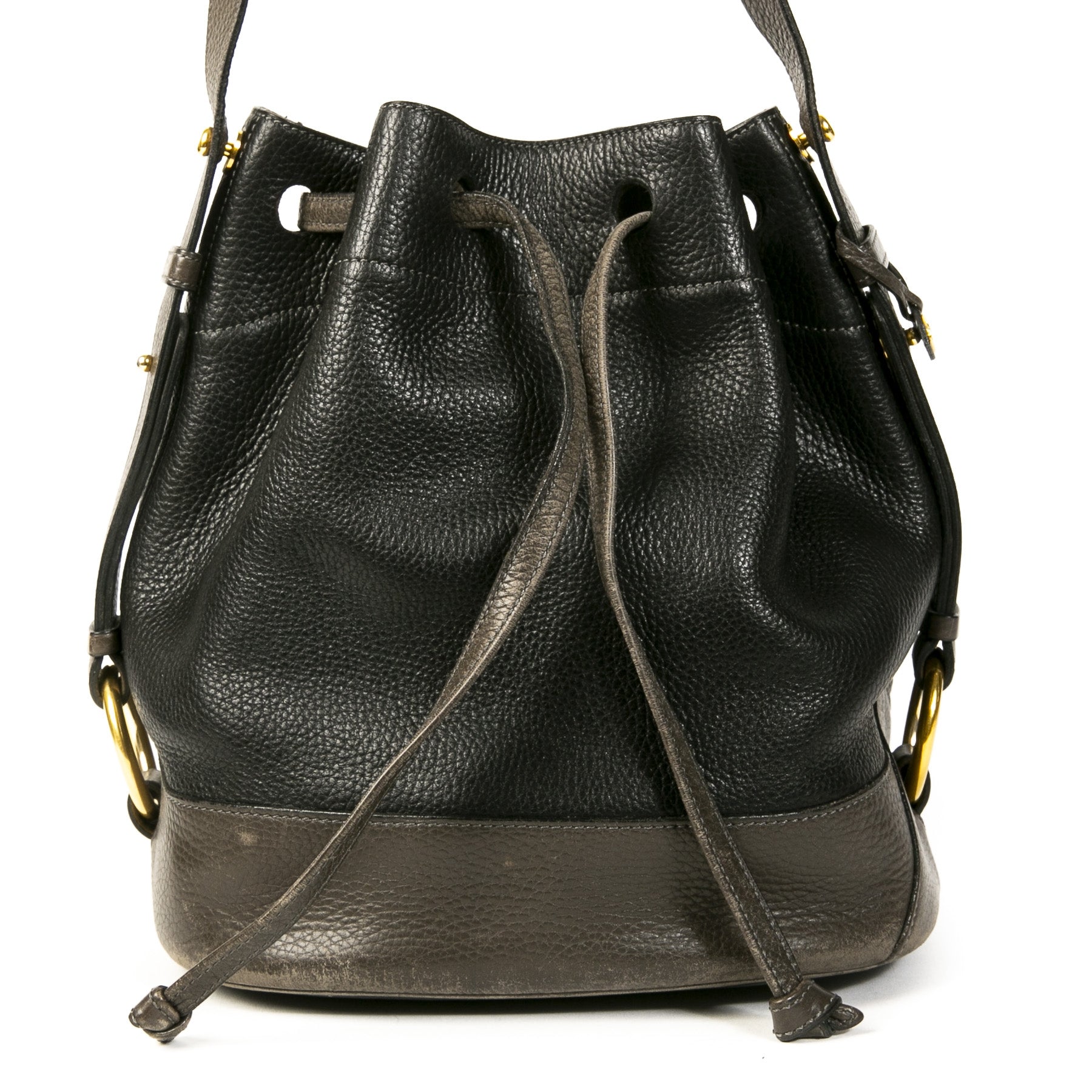 Authentieke Tweedehands Delvaux Black & Grey Leather Drawstring Bucket Bag juiste prijs veilig online shoppen luxe merken webshop winkelen Antwerpen België mode fashion