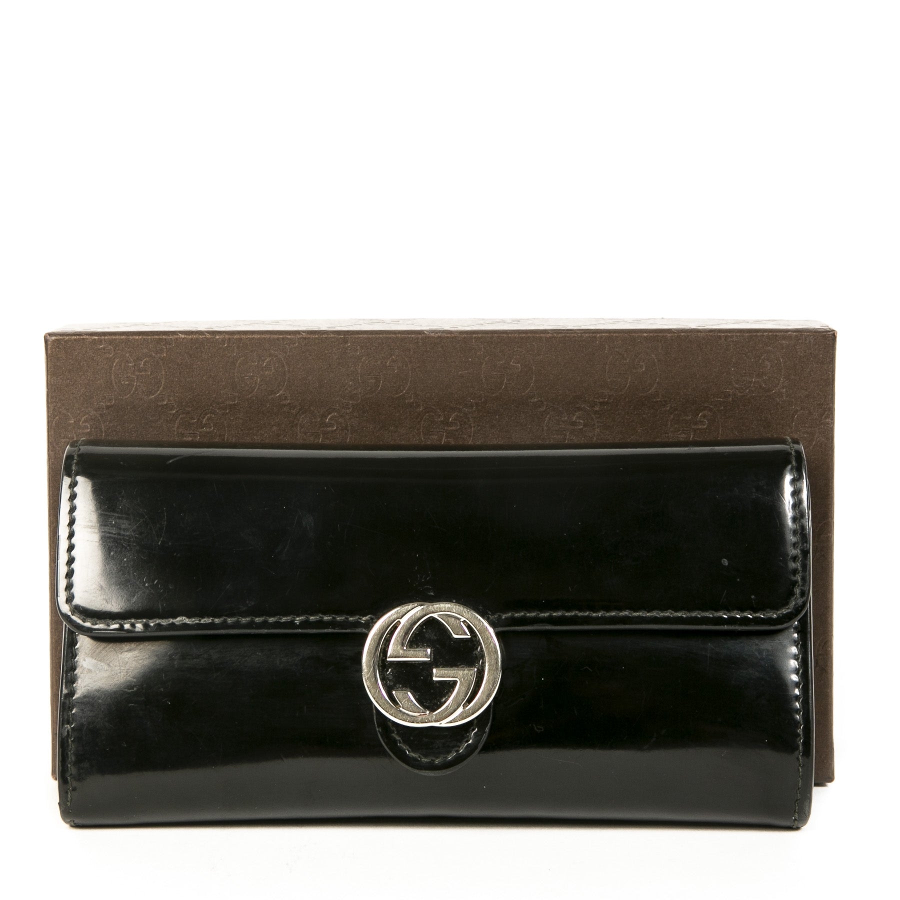 Authentieke Tweedehands Gucci Black Patent Leather GG Wallet juiste prijs veilig online shoppen luxe merken webshop winkelen Antwerpen België