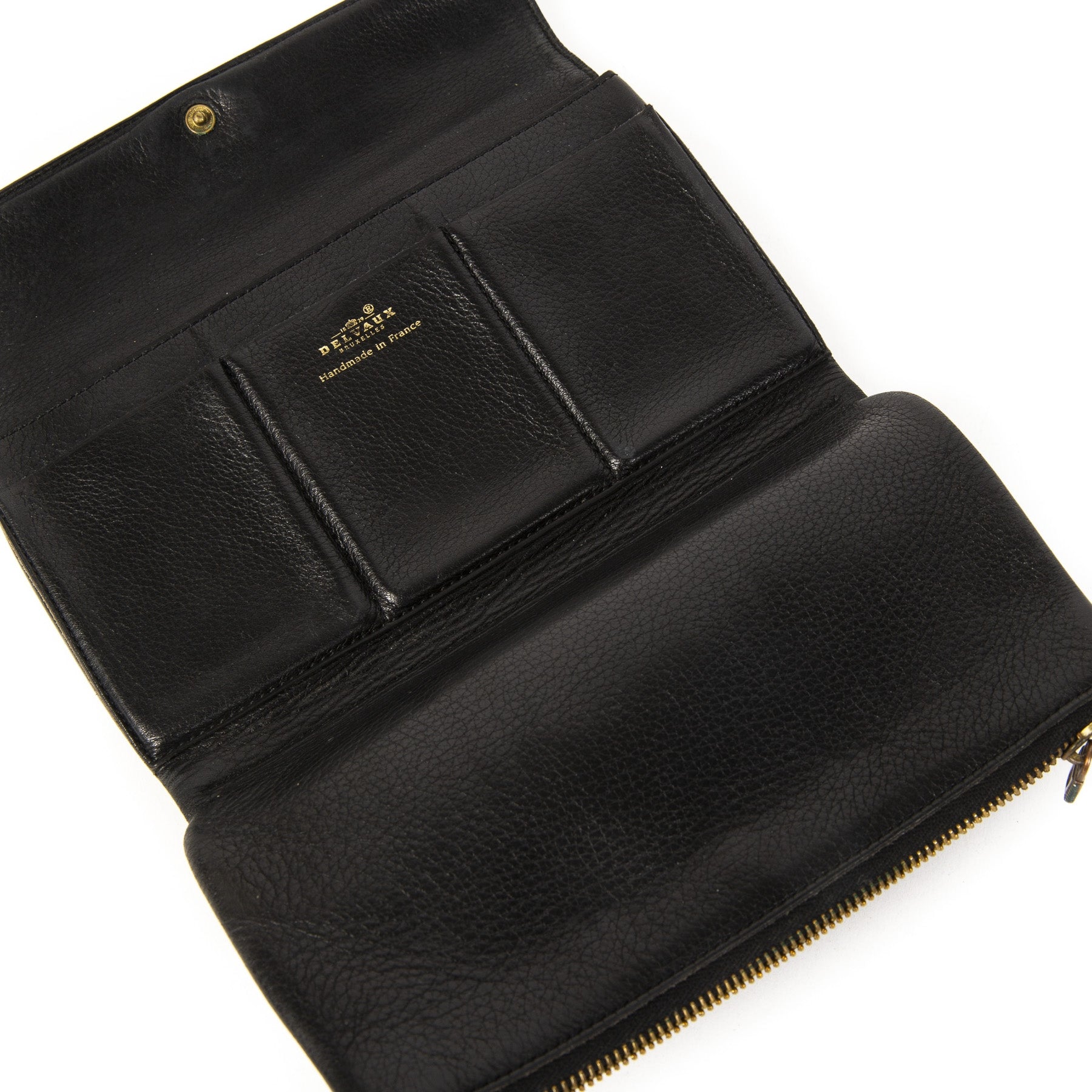 Authentieke tweedehands Delvaux Black Leather Wallet Silver D Logo juiste prijs veilig online winkelen LabelLOV webshop luxe merken winkelen Antwerpen België mode fashion