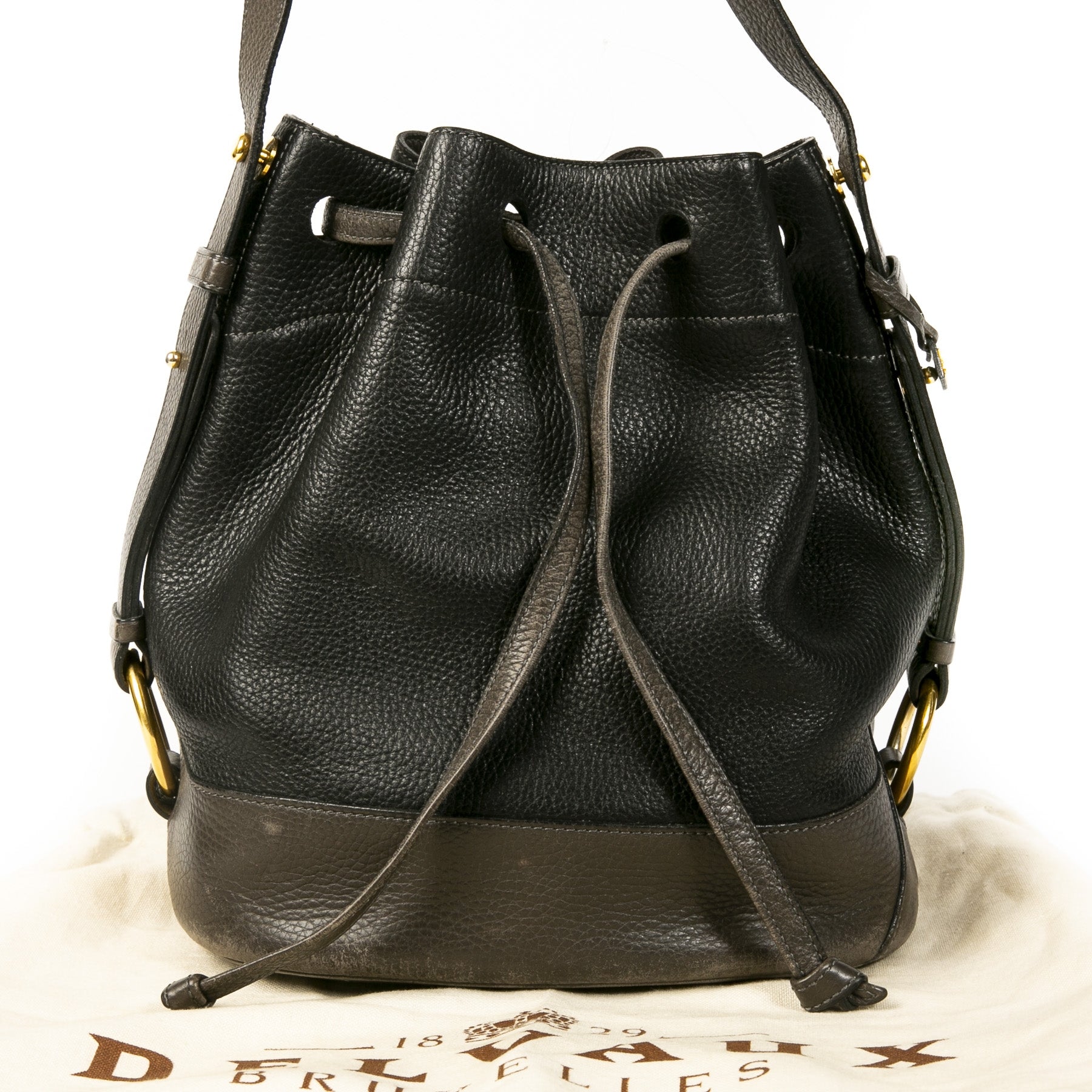 Authentieke Tweedehands Delvaux Black & Grey Leather Drawstring Bucket Bag juiste prijs veilig online shoppen luxe merken webshop winkelen Antwerpen België mode fashion