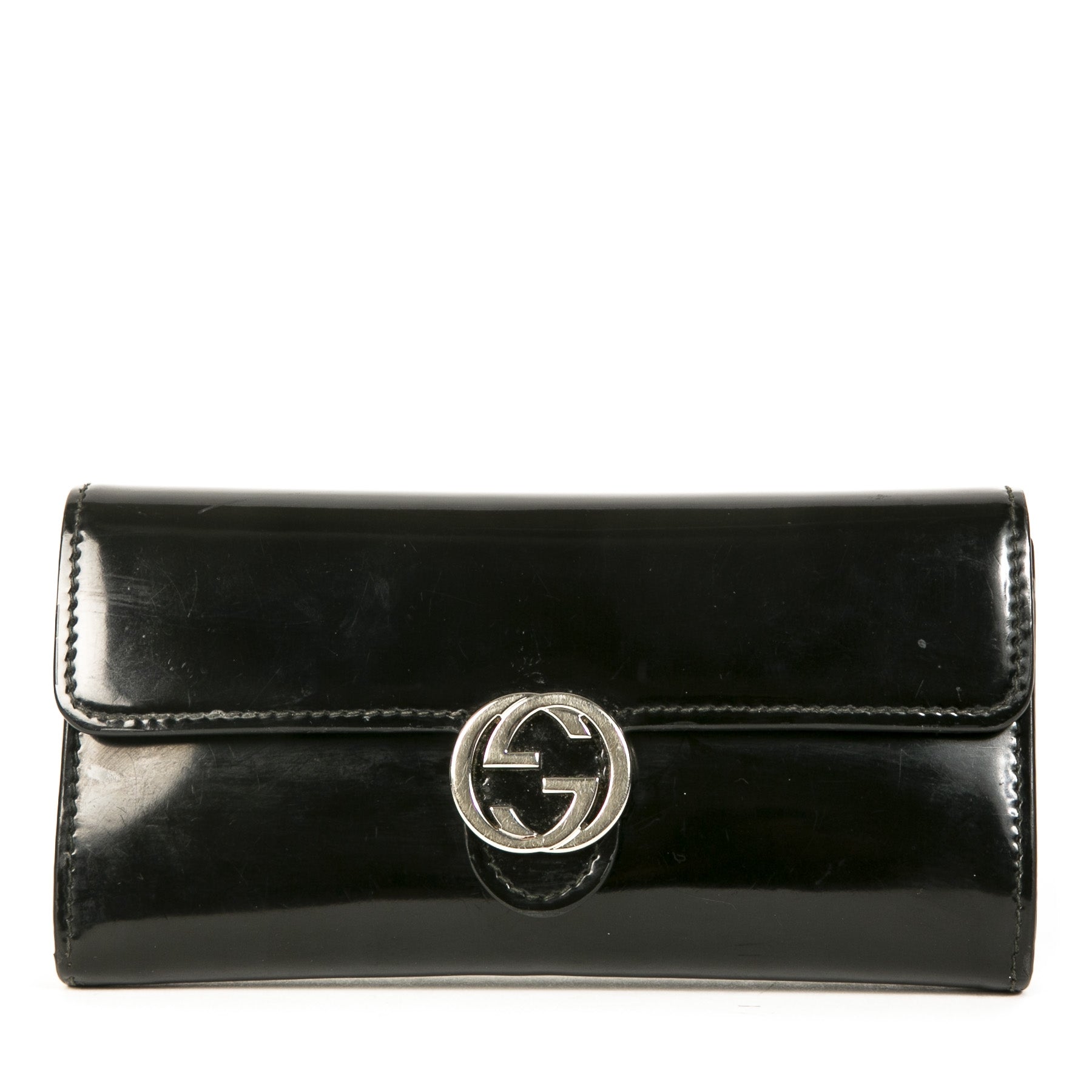 Authentieke Tweedehands Gucci Black Patent Leather GG Wallet juiste prijs veilig online shoppen luxe merken webshop winkelen Antwerpen België
