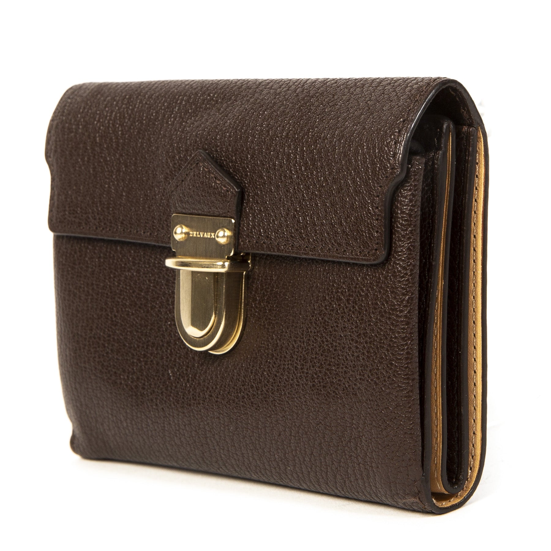 Authentieke Tweedehands Delvaux Brown Leather Wallet juiste prijs veilig online shoppen luxe merken webshop mode fashion winkelen Antwerpen België