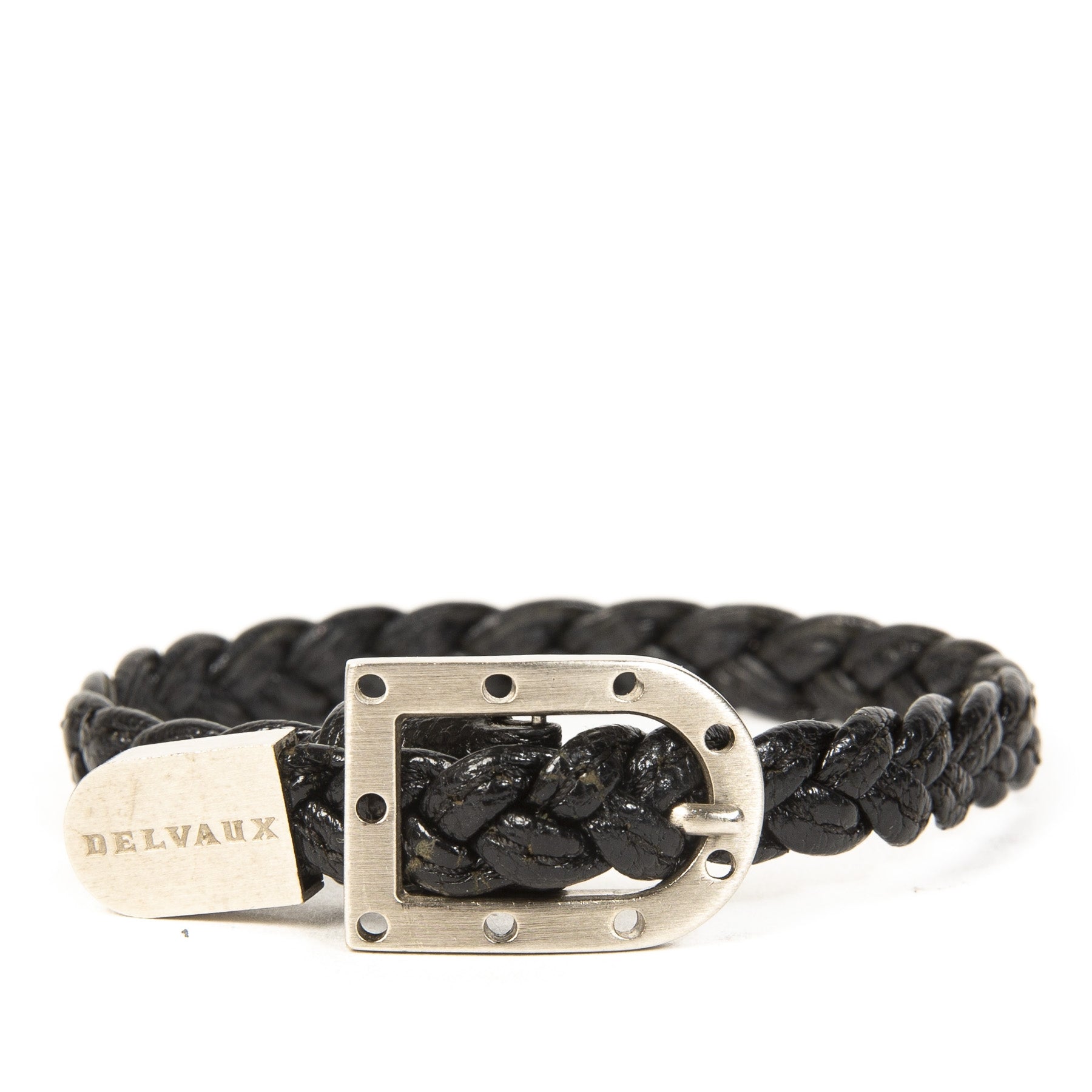 Authentieke tweedehands Delvaux black woven leather bracelet silver D juiste prijs veilig winkelen LabelLOV webshop luxe merken winkelen Antwerpen België mode fashion