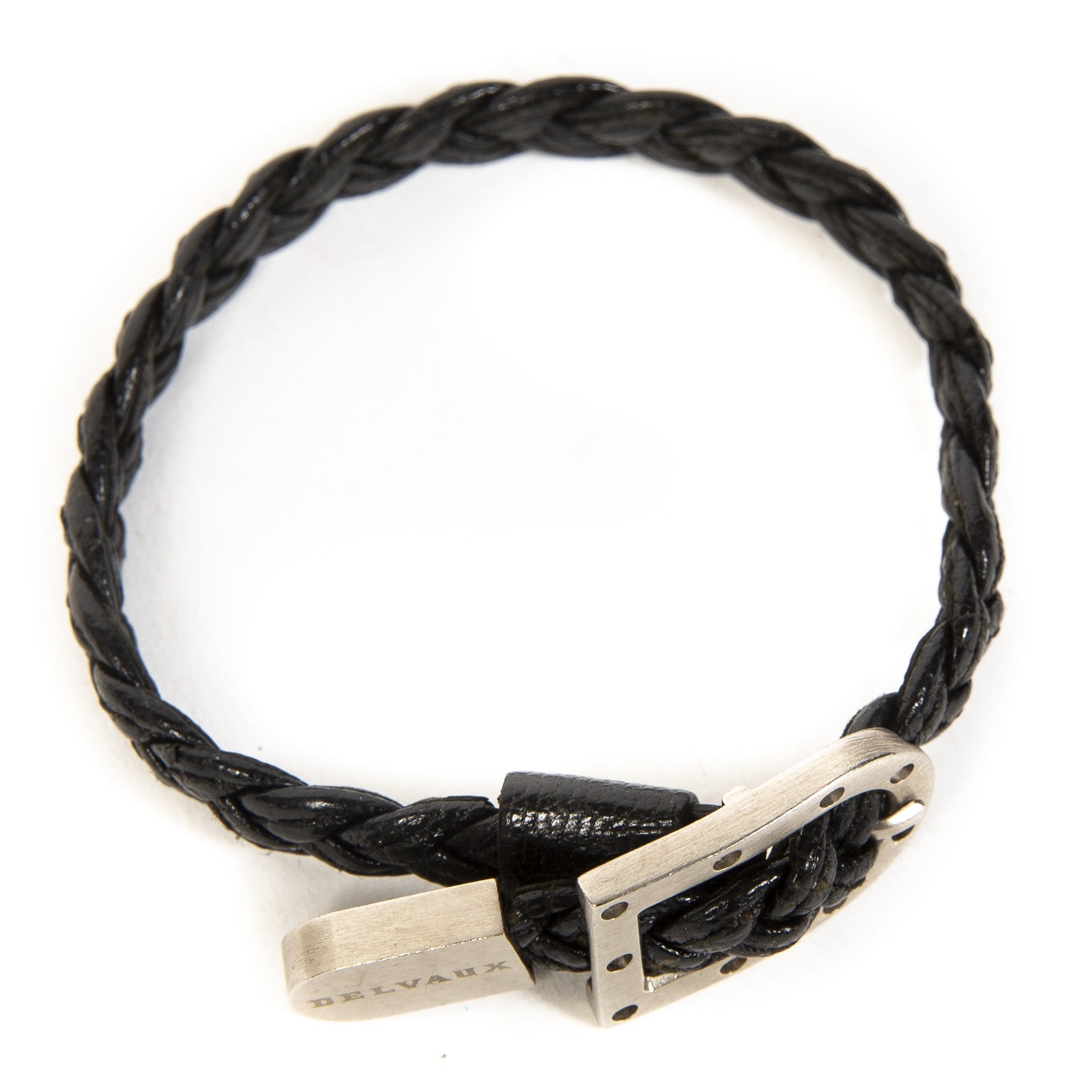 Authentieke tweedehands Delvaux black woven leather bracelet silver D juiste prijs veilig winkelen LabelLOV webshop luxe merken winkelen Antwerpen België mode fashion