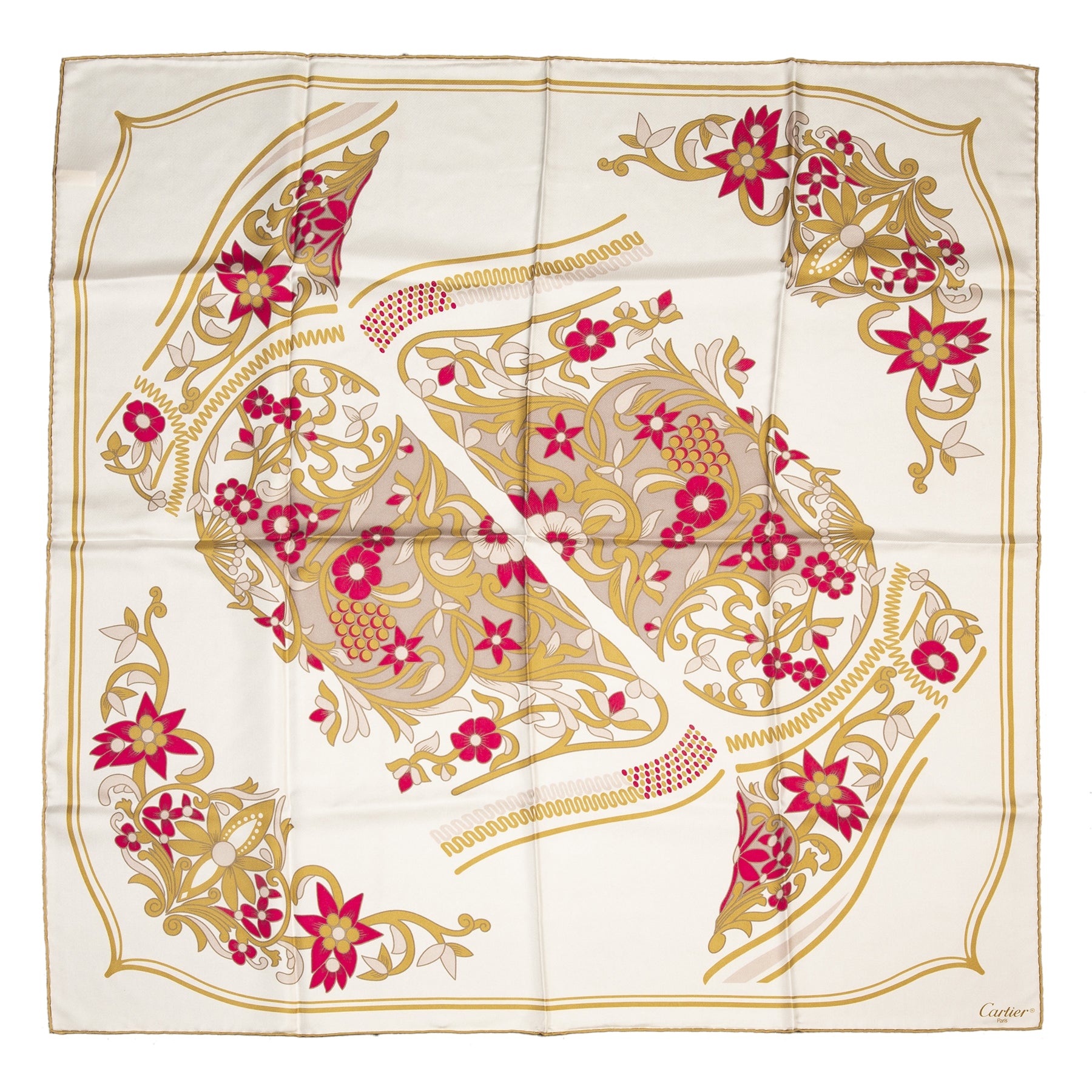 Koop authentieke tweedehands Cartier Beige Flowers Silk Scarf juiste prijs veilig online winkelen LabelLOV webshop luxe merken winkelen Antwerpen België mode fashion