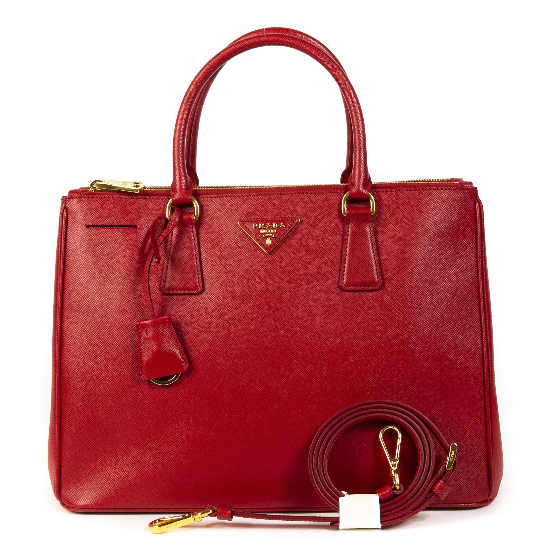 Authentieke Tweedehands Prada Red Leather Top Handle Bag + Strap juiste prijs veilig online shoppen luxe merken webshop winkelen Antwerpen België mode fashion
