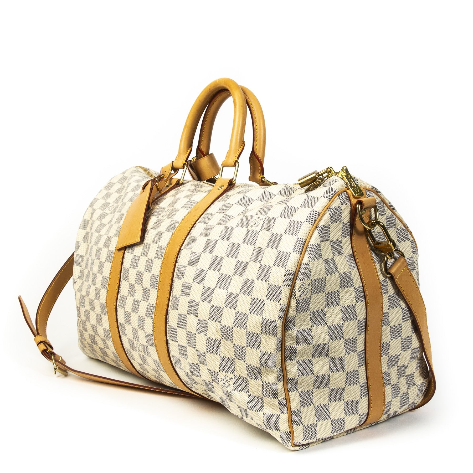 Authentieke tweedehands vintage Louis Vuitton Keepall Bandoulière Damier Azur 45 koop online webshop LabelLOV