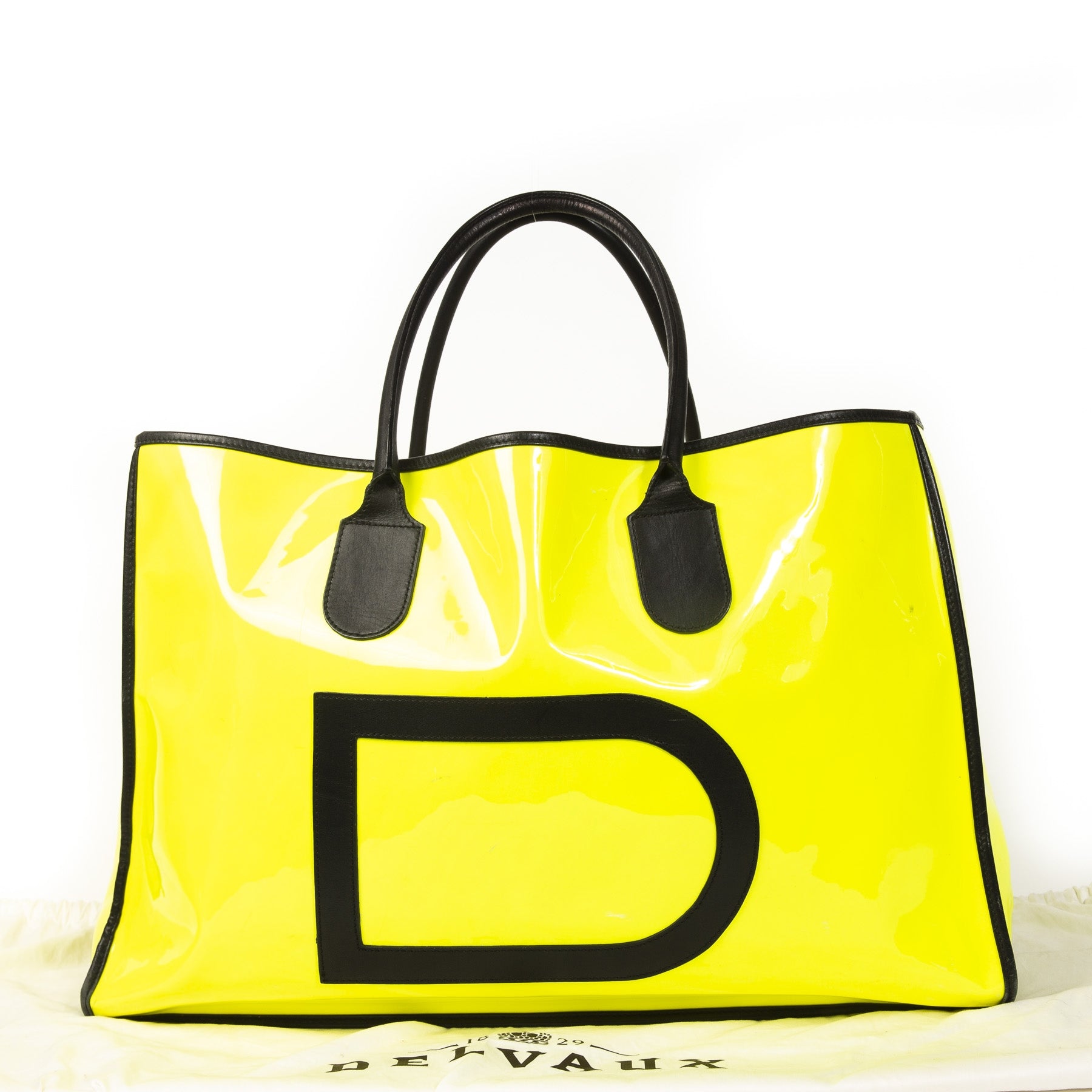 Authentique seconde main vintage Delvaux Taxi Vernis Neon Yellow Travel Bag achète en ligne webshop LabelLOV