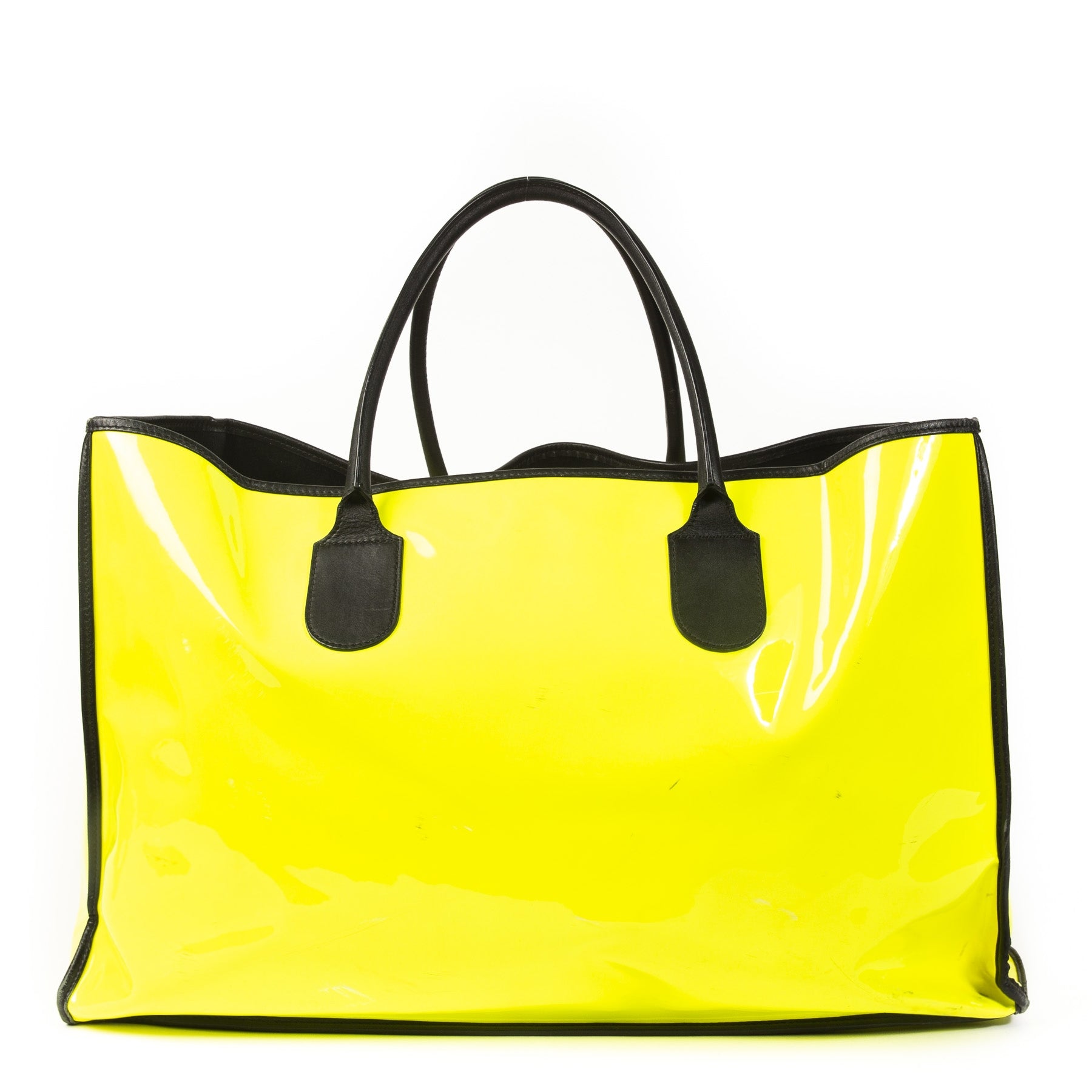 Authentique seconde main vintage Delvaux Taxi Vernis Neon Yellow Travel Bag achète en ligne webshop LabelLOV