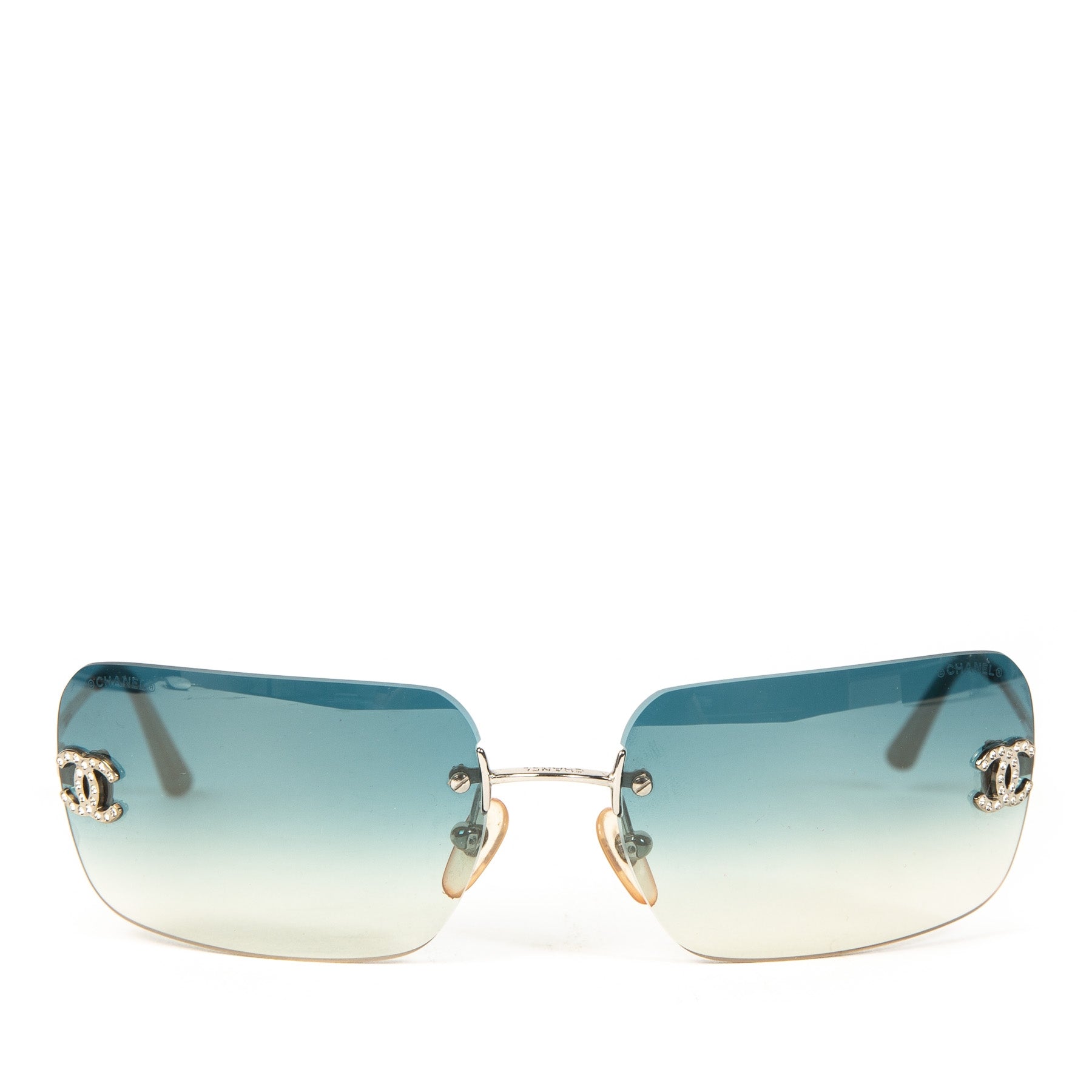Chanel Blue Rimless Sunglasses Crystal Rhinestone CC