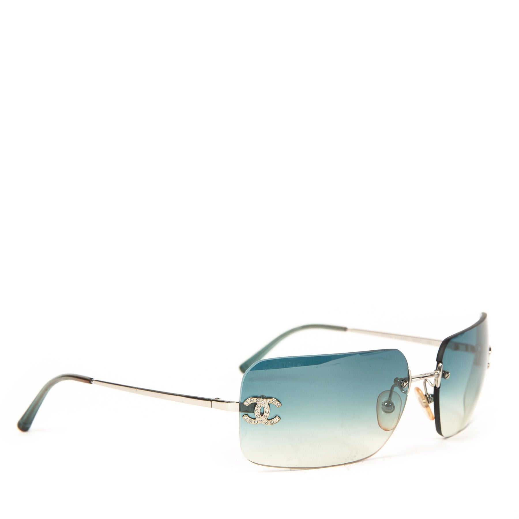Chanel Blue Rimless Sunglasses Crystal Rhinestone CC