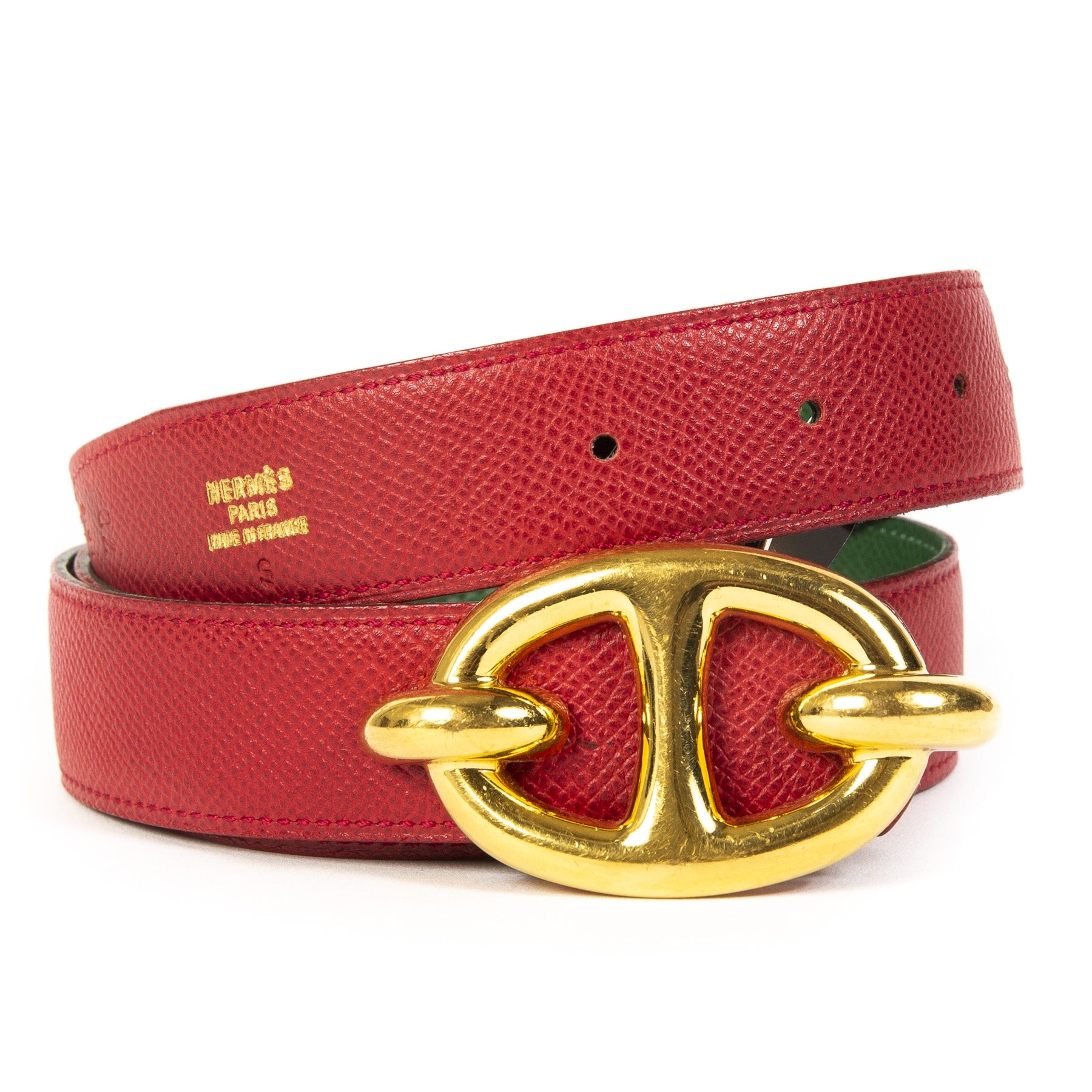 Hermès Green/Red Reversible Leather Belt - Size 70