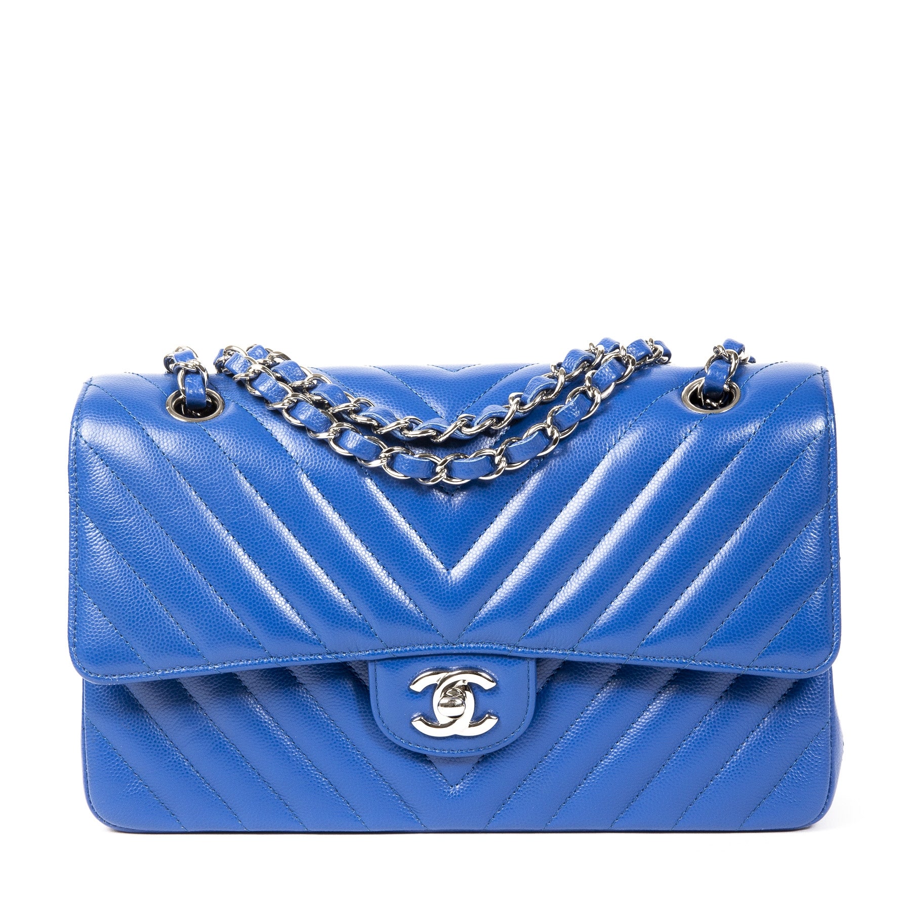Chanel Cobalt Blue Chevron Flap Bag Medium kopen en verkopen aan de beste prijs
