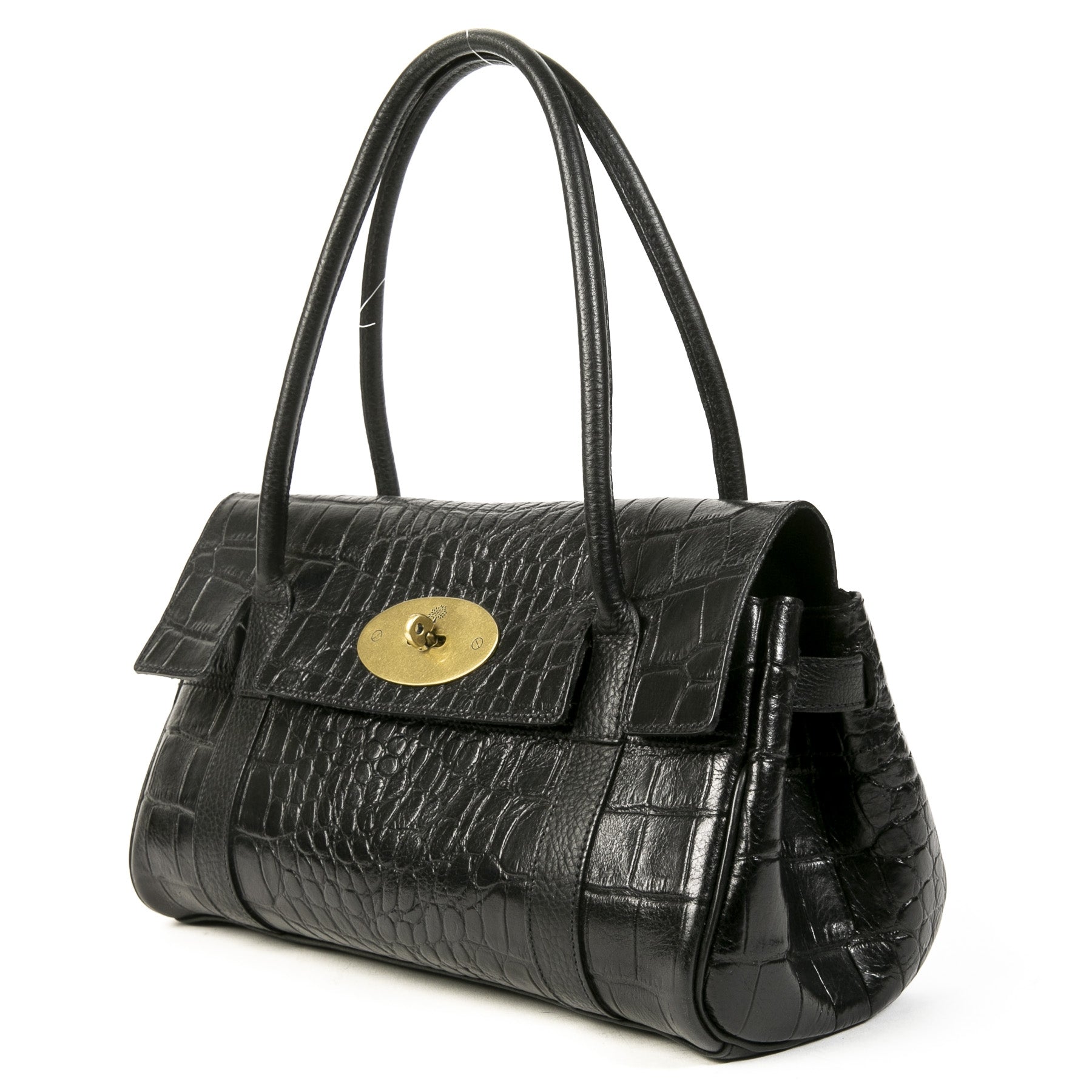 Authentique seconde main vintage Mulberry Black Croc Embossed Bayswater East West Bag achète en ligne webshop LabelLOV