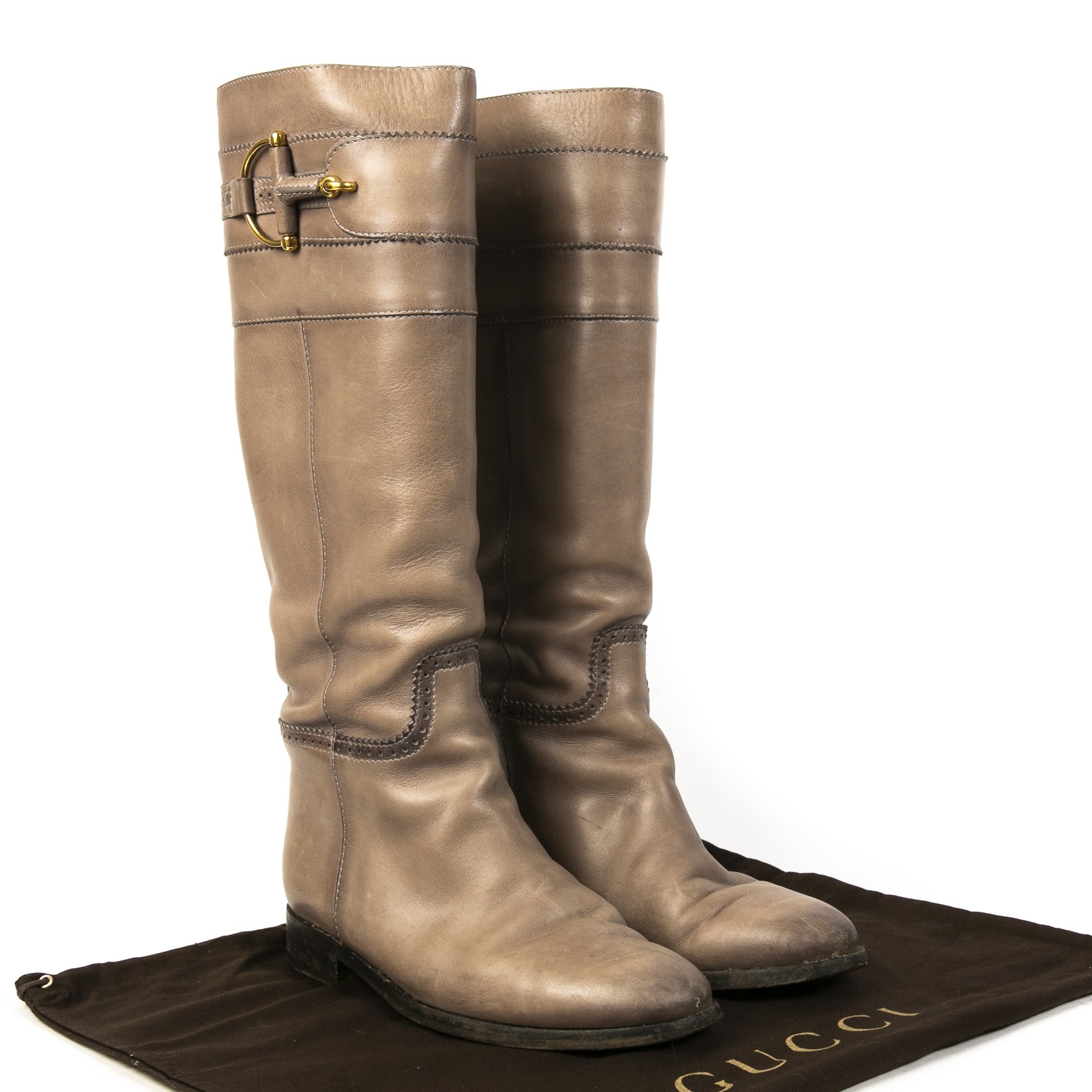 Authentieke Tweedehands Gucci Taupe Horsebit Leather Boots juiste prijs veilig online shoppen luxe merken webshop winkelen Antwerpen België mode fashion