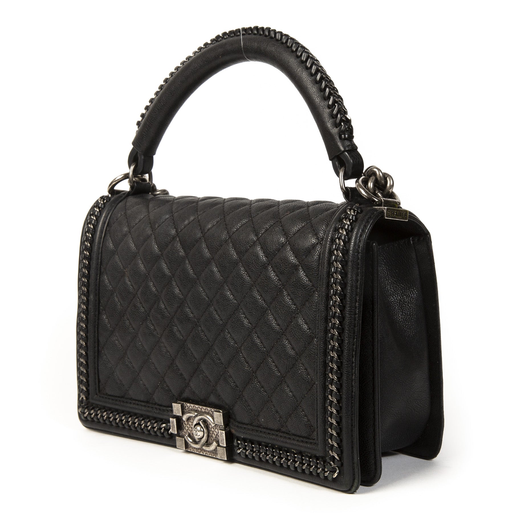 Authentieke tweedehands vintage Chanel Black Boy Bag Handle koop online webshop LabelLOV