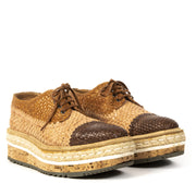 Authentieke tweedehands vintage Prada Cognac Woven Flatform Espadrilles koop online webshop LabelLOV