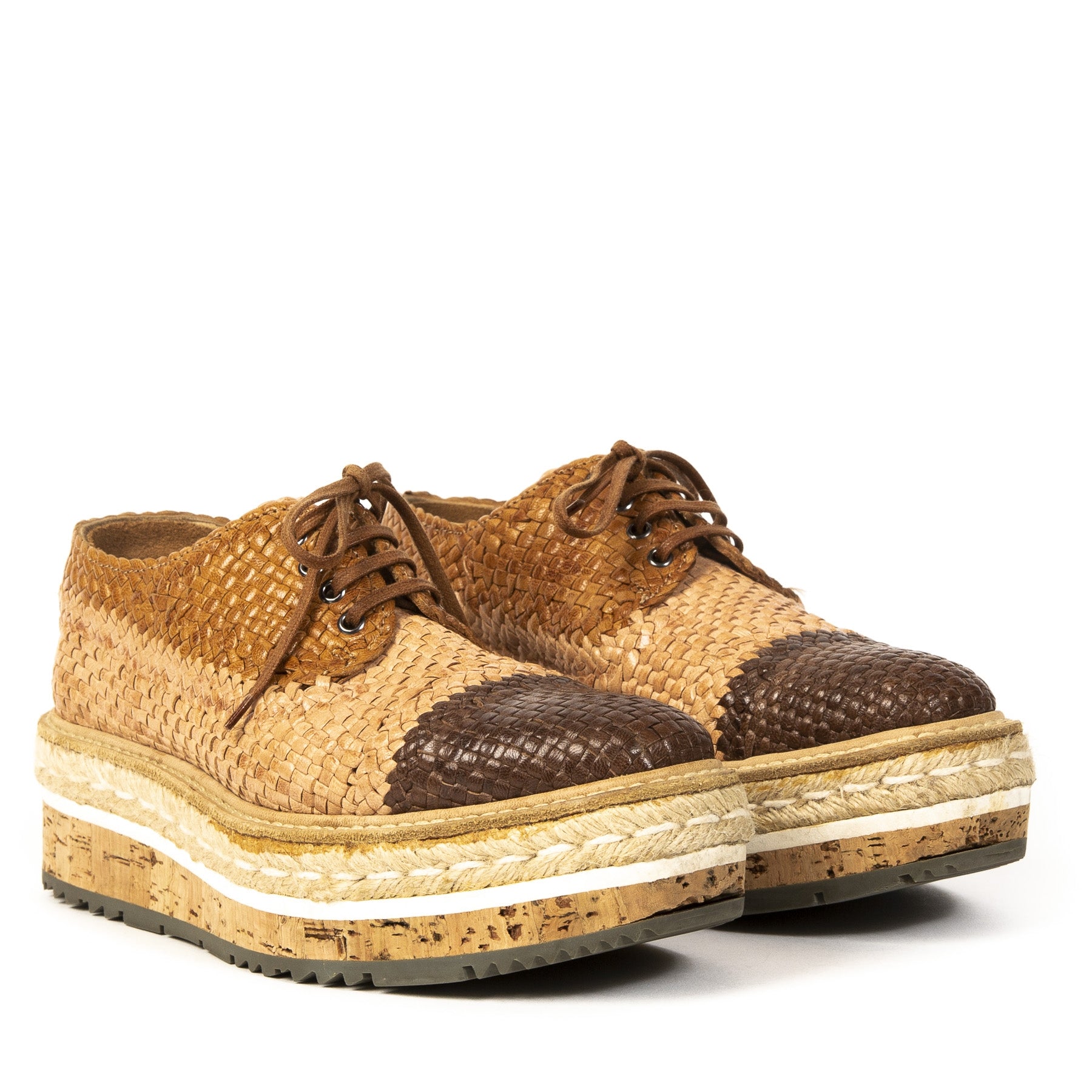 Authentieke tweedehands vintage Prada Cognac Woven Flatform Espadrilles koop online webshop LabelLOV