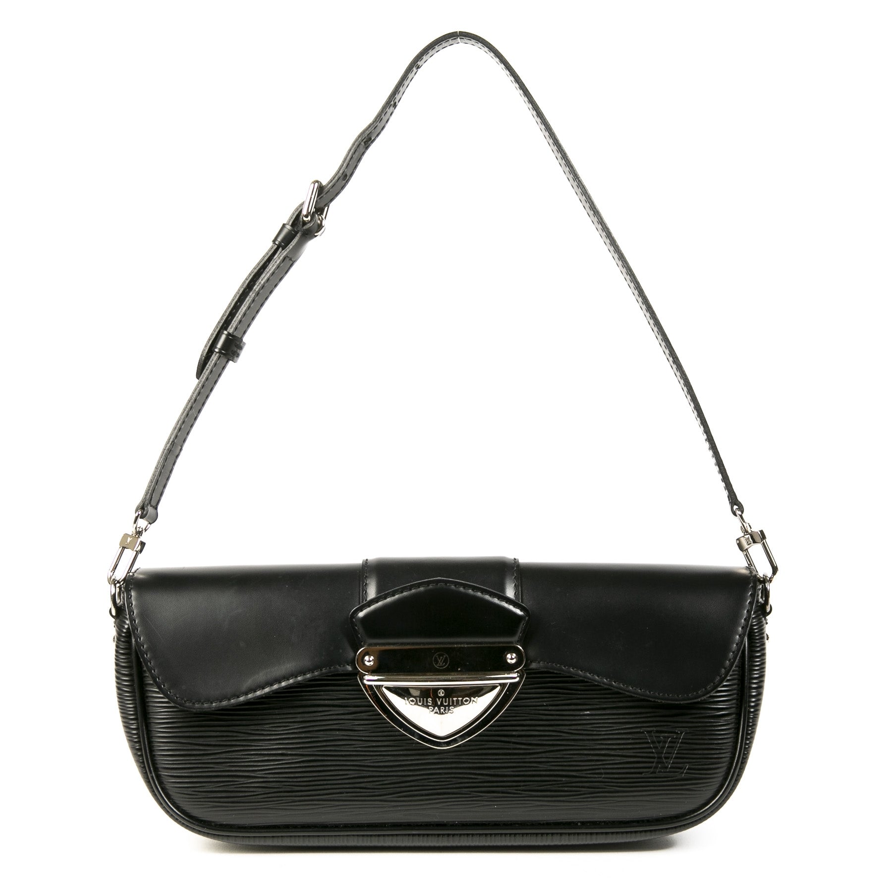Authentieke Tweedehands Louis Vuitton Black Epi Leather Montaigne Pochette Bag juiste prijs veilig online shoppen luxe merken webshop winkelen Antwerpen België mode fashion