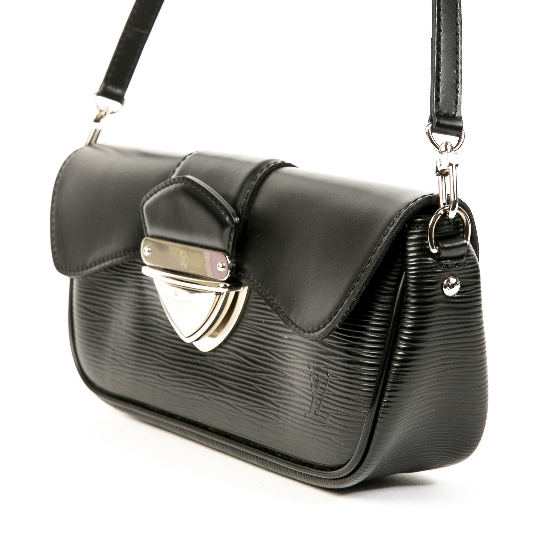 Authentieke Tweedehands Louis Vuitton Black Epi Leather Montaigne Pochette Bag juiste prijs veilig online shoppen luxe merken webshop winkelen Antwerpen België mode fashion