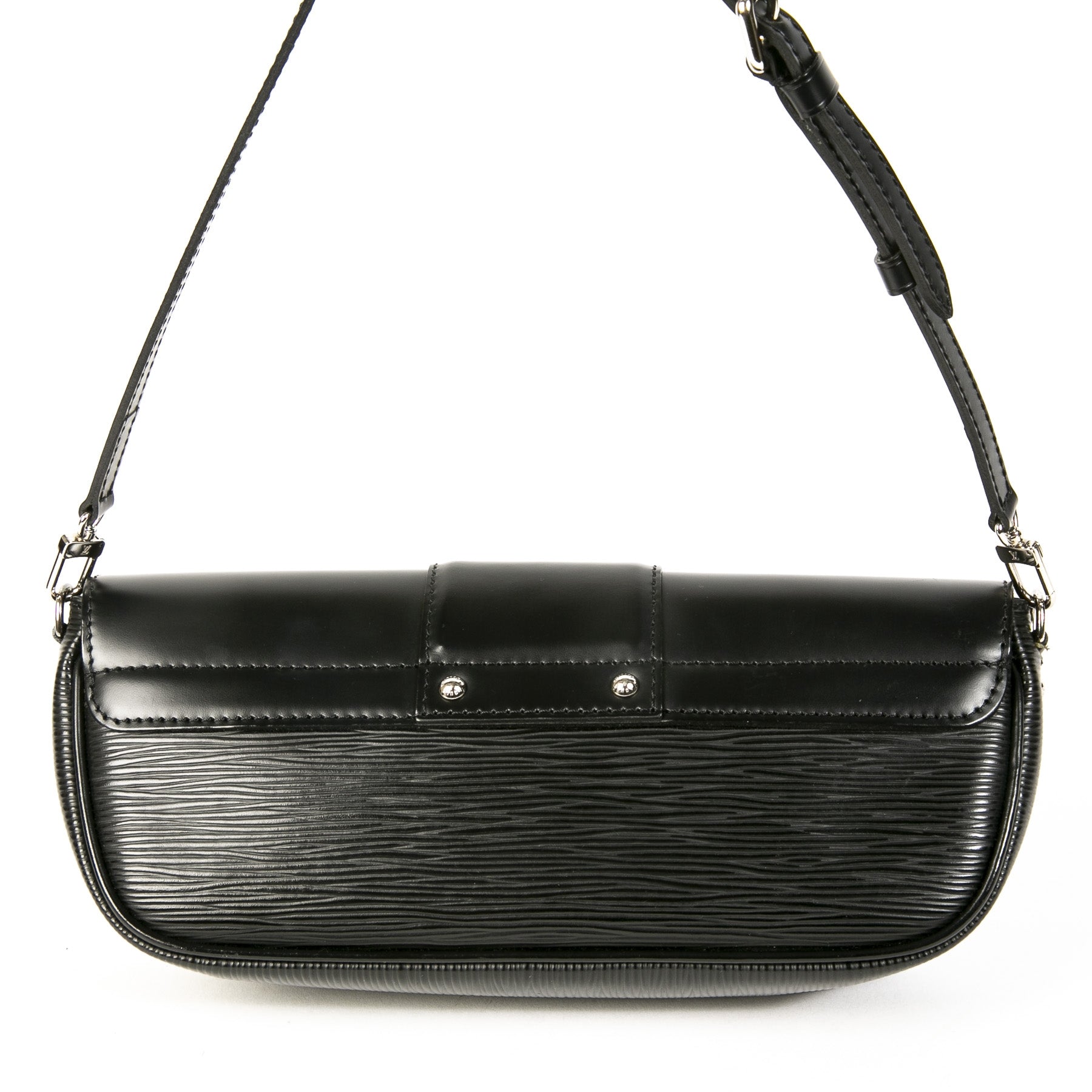 Authentieke Tweedehands Louis Vuitton Black Epi Leather Montaigne Pochette Bag juiste prijs veilig online shoppen luxe merken webshop winkelen Antwerpen België mode fashion