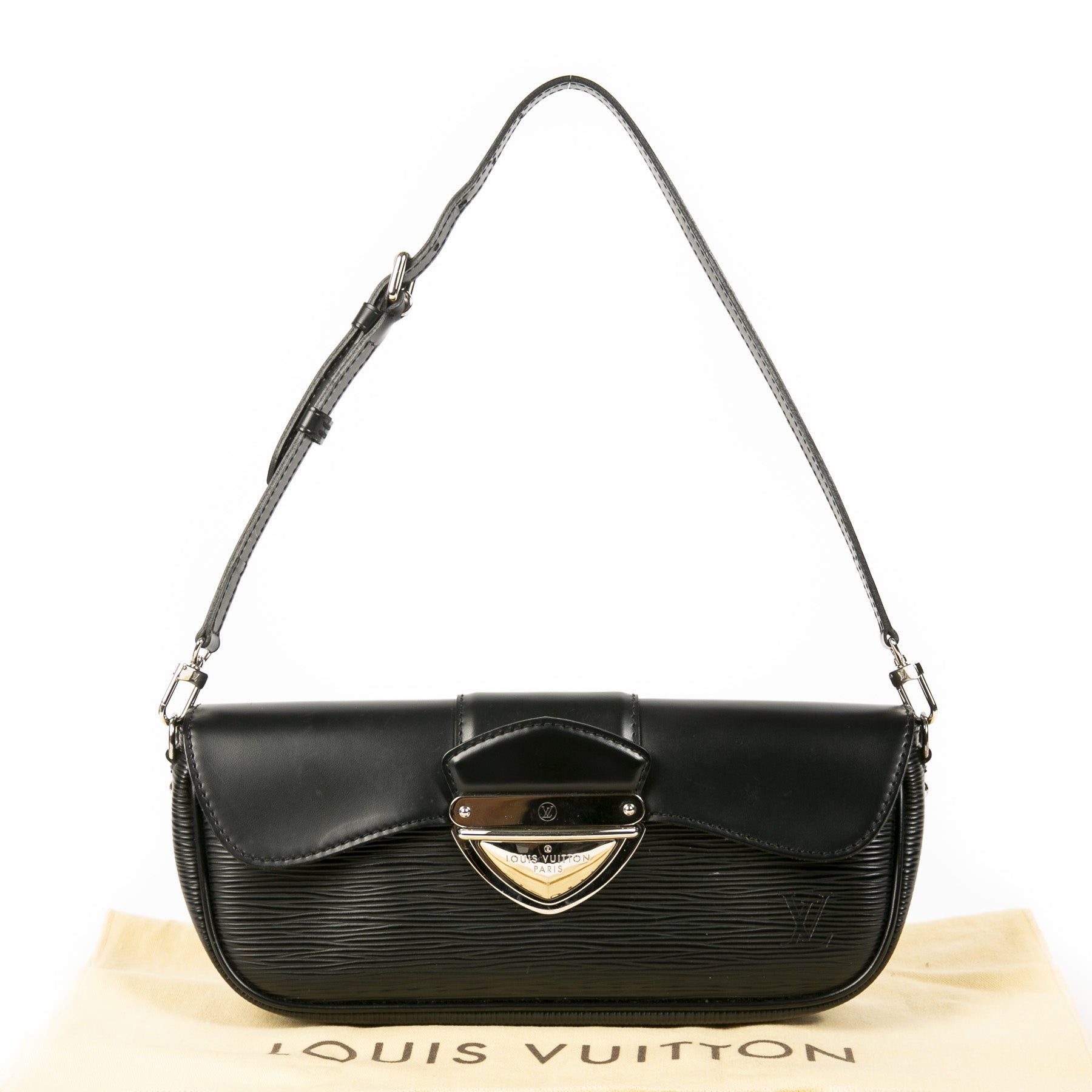 Authentieke Tweedehands Louis Vuitton Black Epi Leather Montaigne Pochette Bag juiste prijs veilig online shoppen luxe merken webshop winkelen Antwerpen België mode fashion
