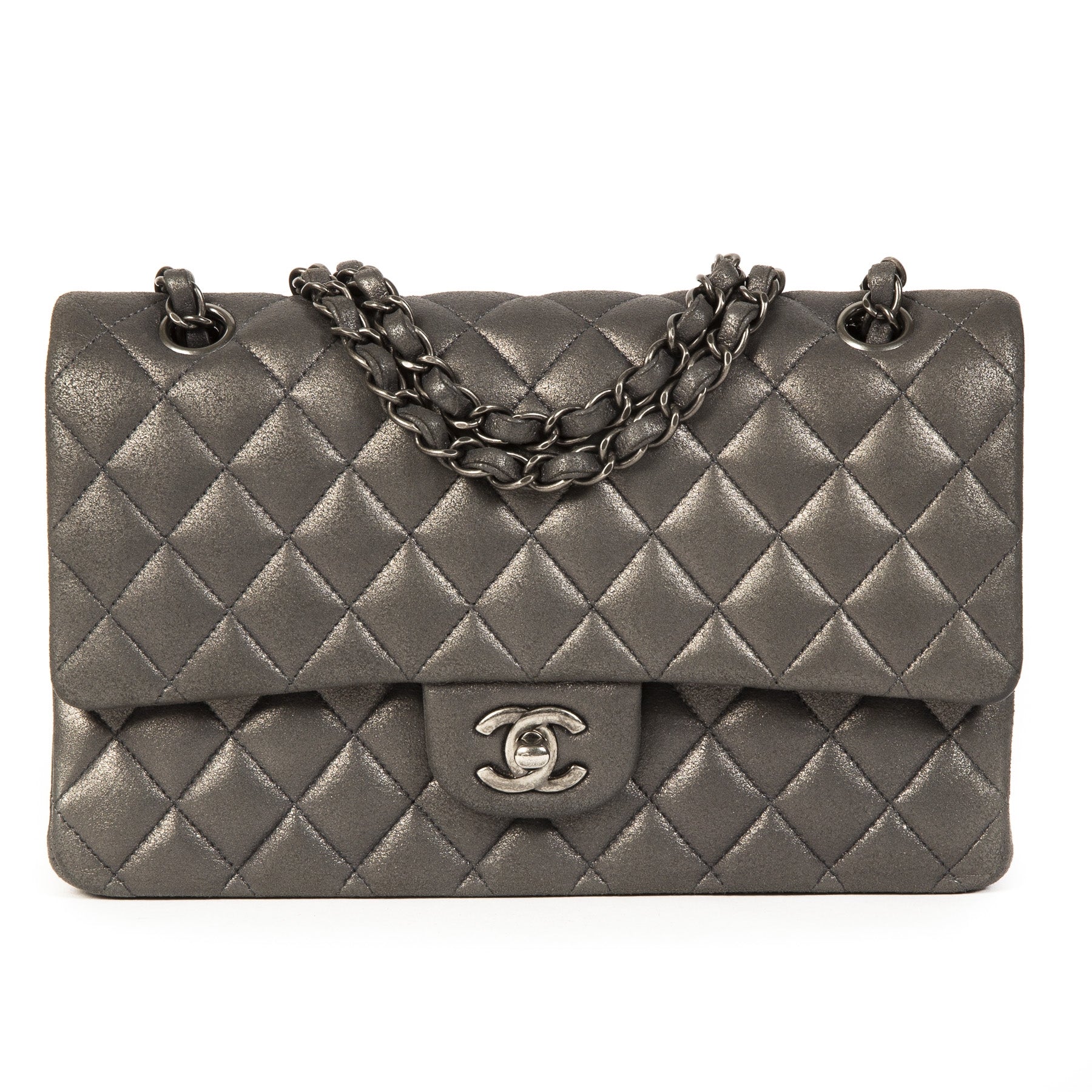 Authentic second-hand vintage Chanel Medium Classic Flapbag Metallic Silver buy online webshop LabelLOV
