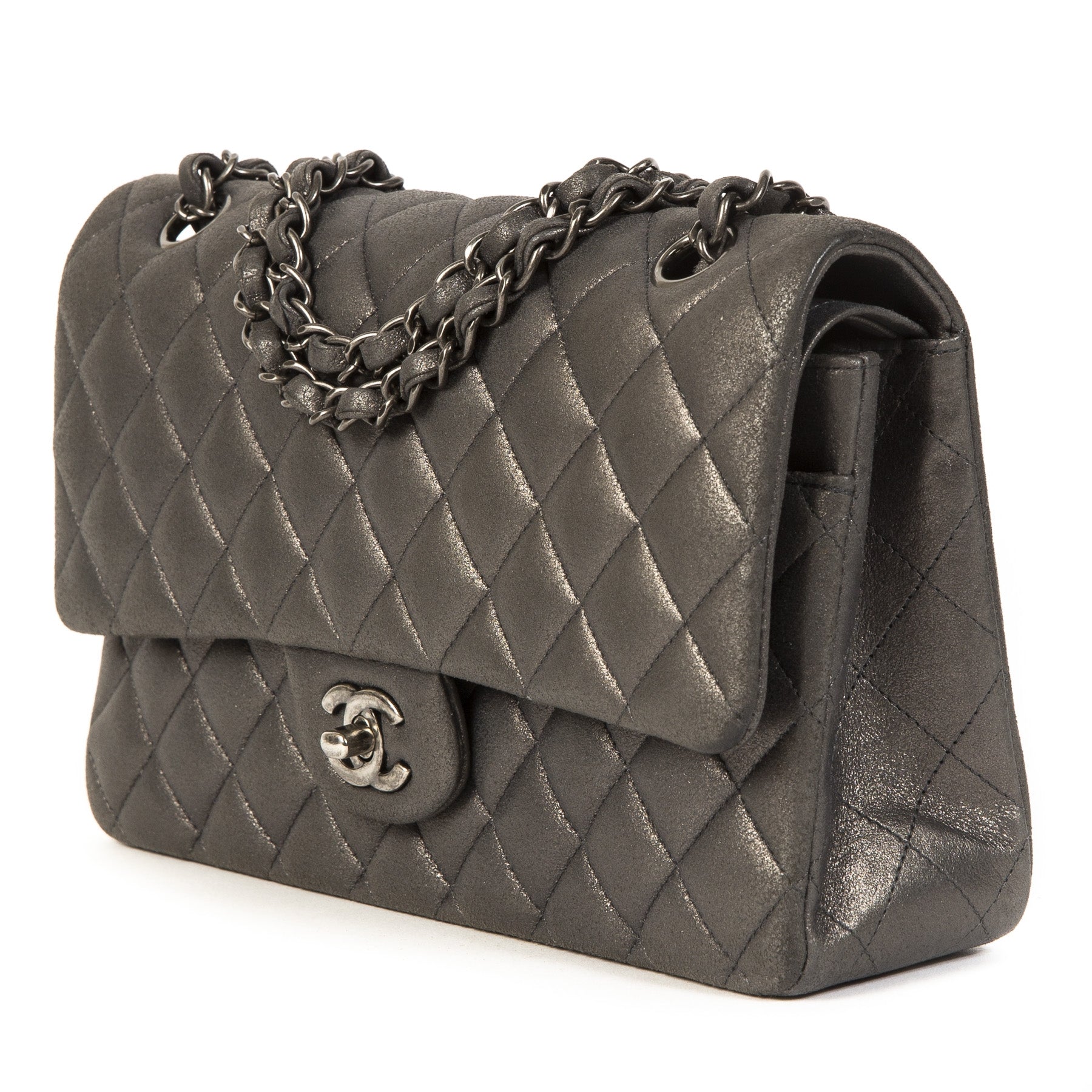 Authentic second-hand vintage Chanel Medium Classic Flapbag Metallic Silver buy online webshop LabelLOV