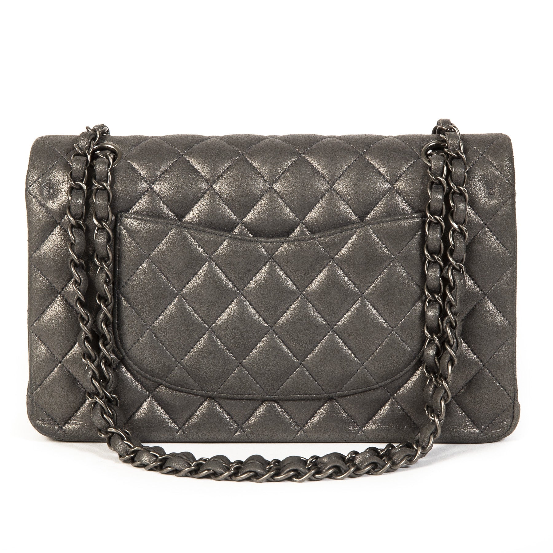 Authentieke tweedehands vintage Chanel Medium Classic Flapbag Metallic Silver koop online webshop LabelLOV