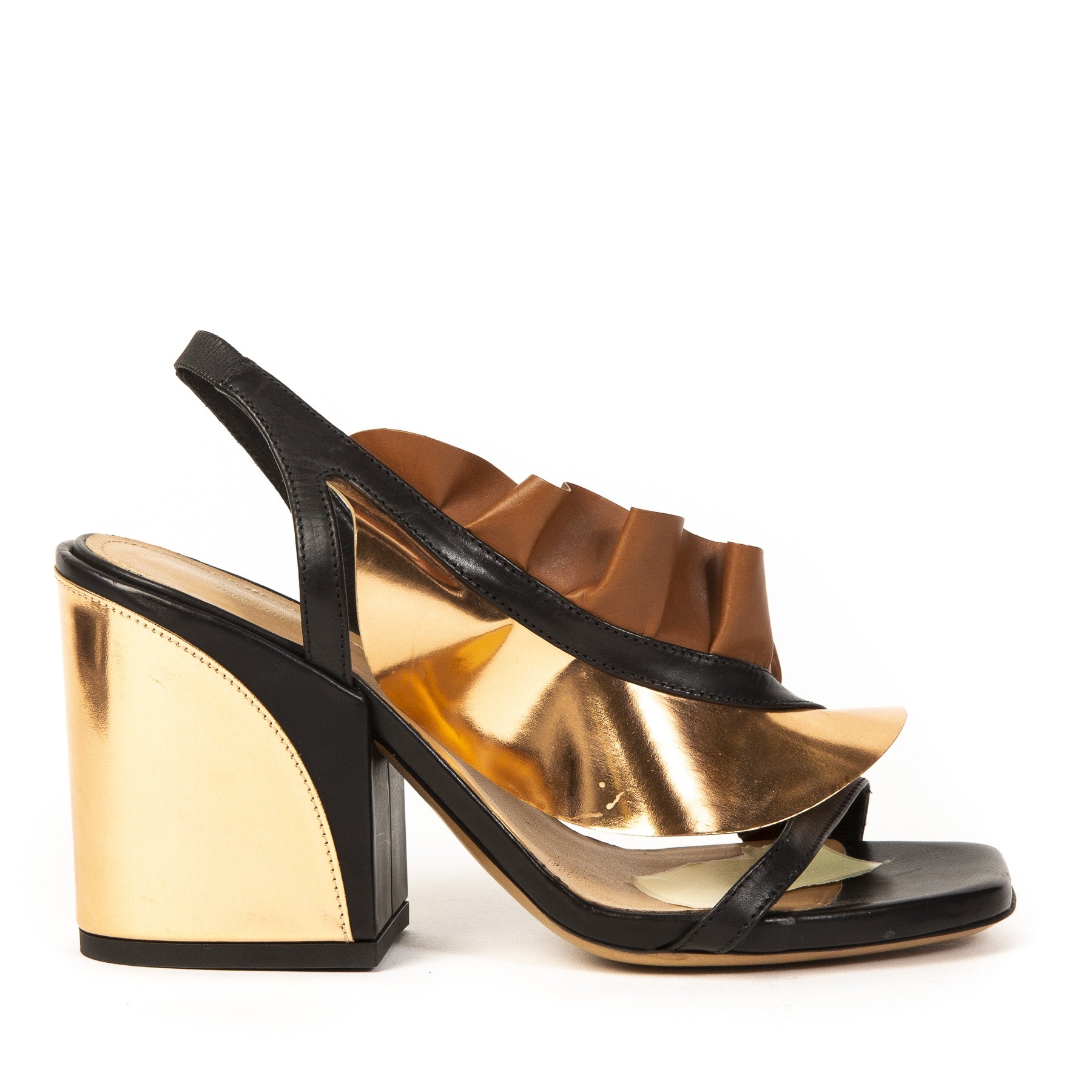 Authentic second-hand vintage Dries Van Noten Suede Ruffled Block Heels - Size 36 buy online webshop LabelLOV