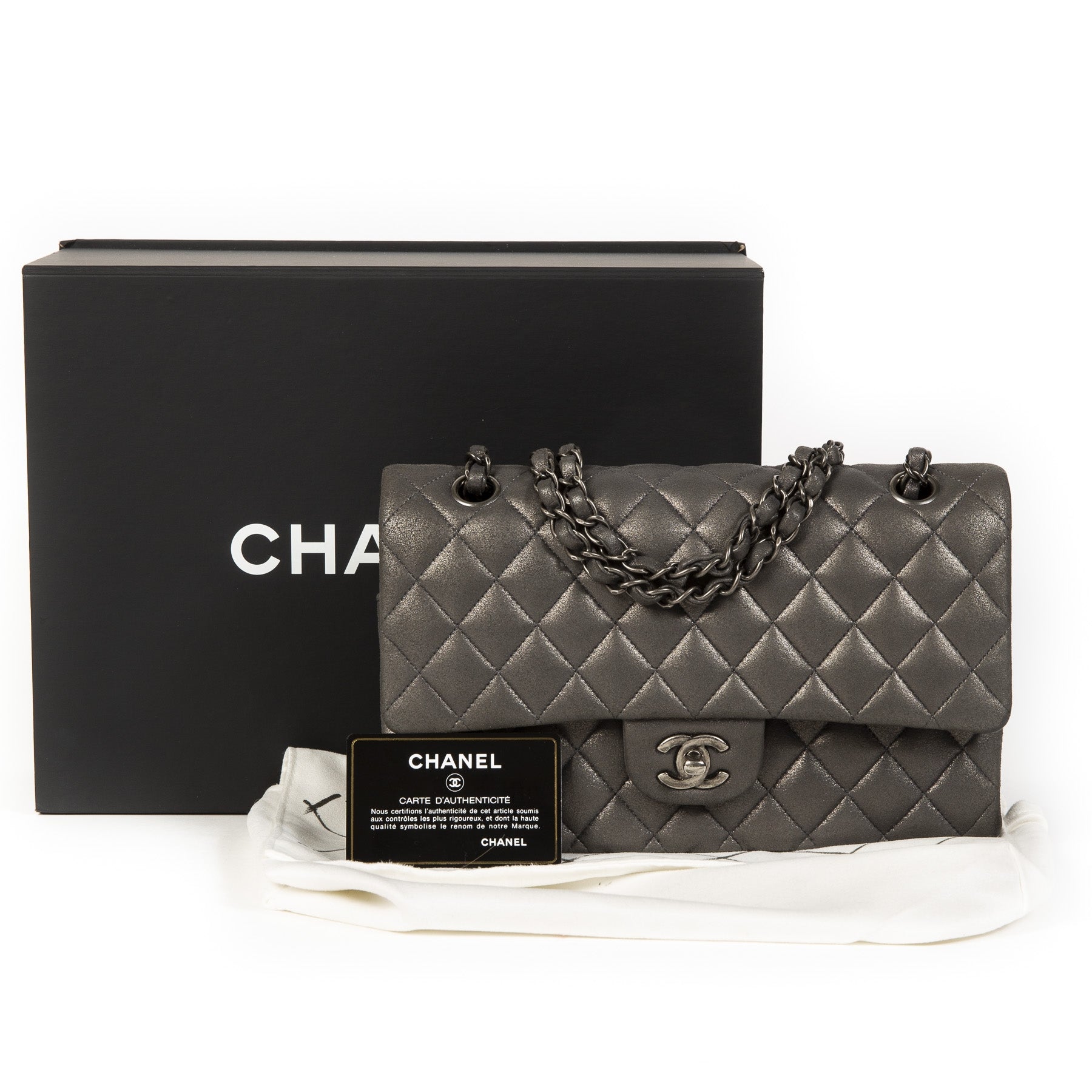 Authentique seconde main vintage Chanel Medium Classic Flapbag Metallic Silver achète en ligne webshop LabelLOV