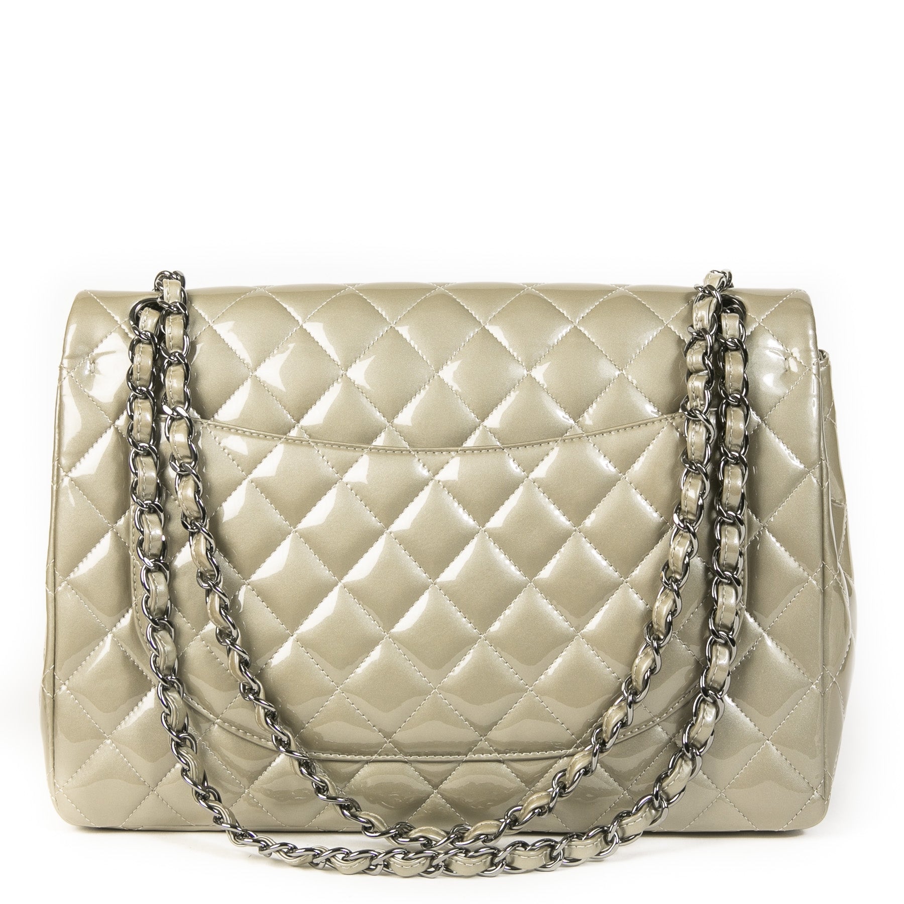 Authentieke Tweedehands Chanel Champagne Patent Leather Maxi Classic Flap Bag juiste prijs veilig online shoppen luxe merken webshop winkelen Antwerpen België mode fashion