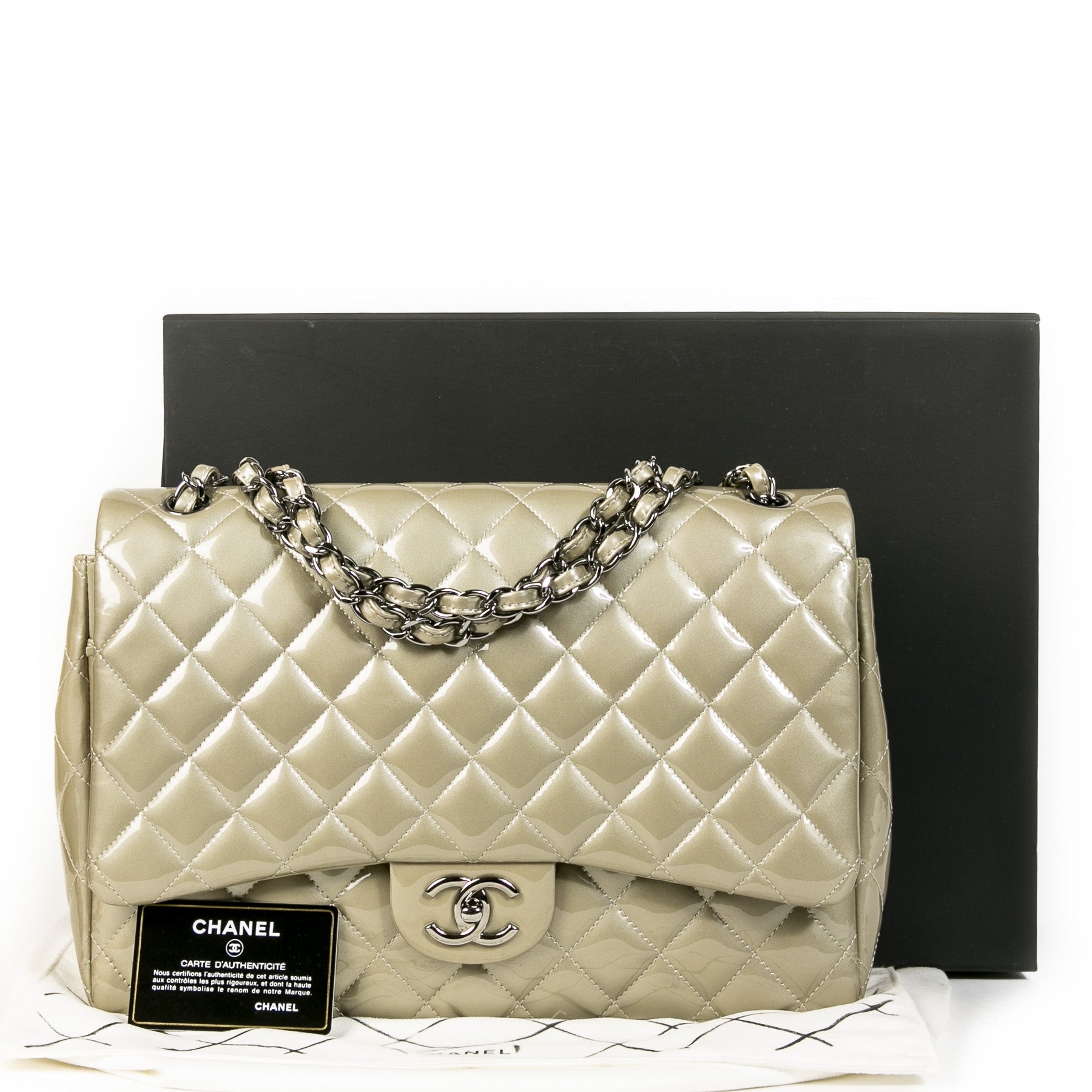 Authentieke Tweedehands Chanel Champagne Patent Leather Maxi Classic Flap Bag juiste prijs veilig online shoppen luxe merken webshop winkelen Antwerpen België mode fashion