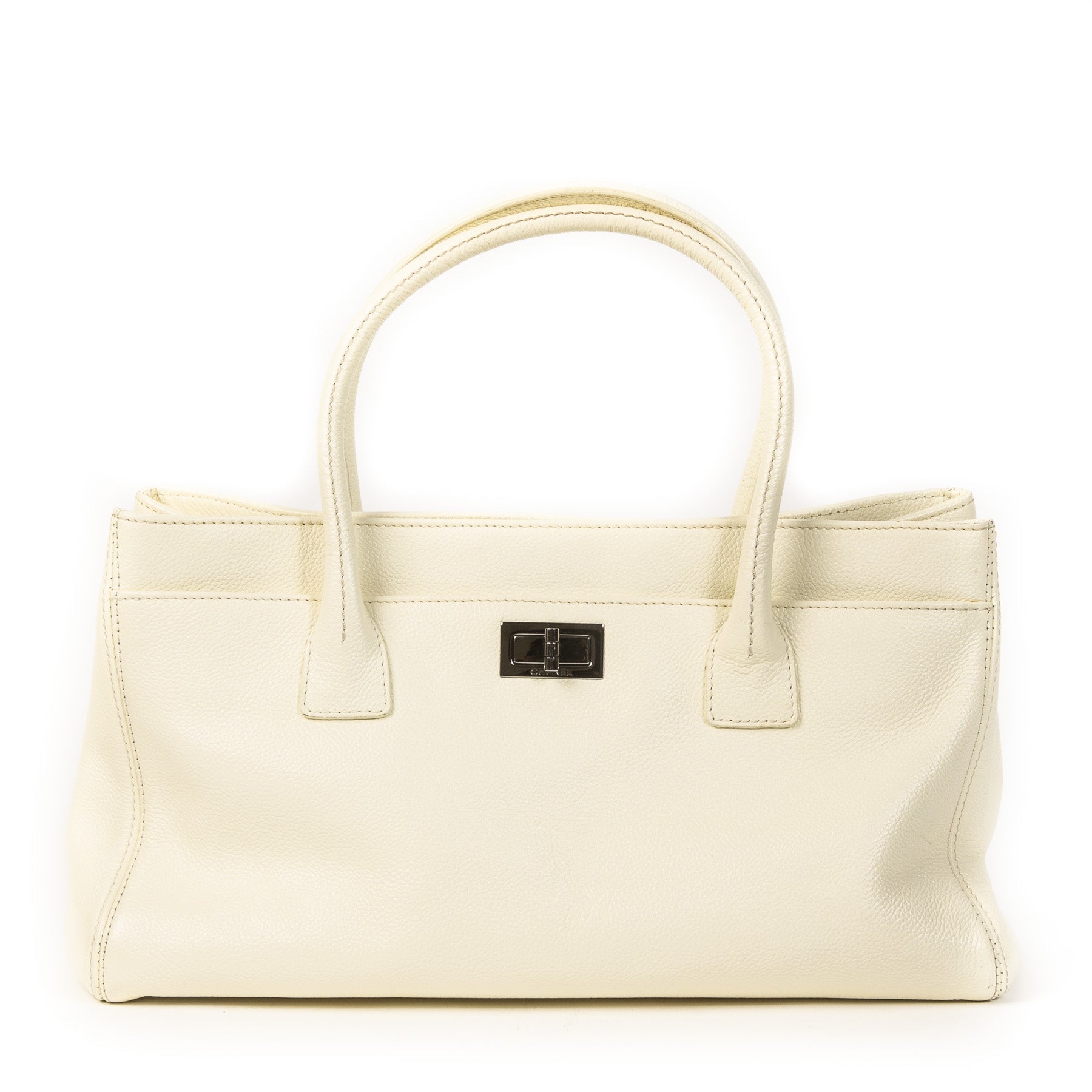 Authentieke Tweedehands Chanel Cream Leather Top Handle Bag juiste prijs veilig online shoppen luxe merken webshop winkelen Antwerpen België mode fashion