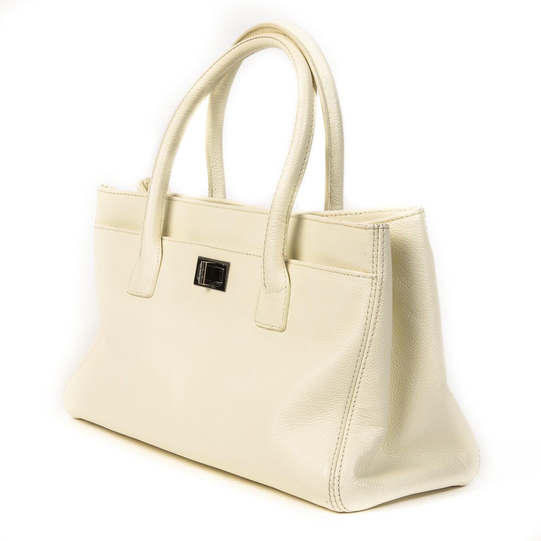 Authentieke Tweedehands Chanel Cream Leather Top Handle Bag juiste prijs veilig online shoppen luxe merken webshop winkelen Antwerpen België mode fashion