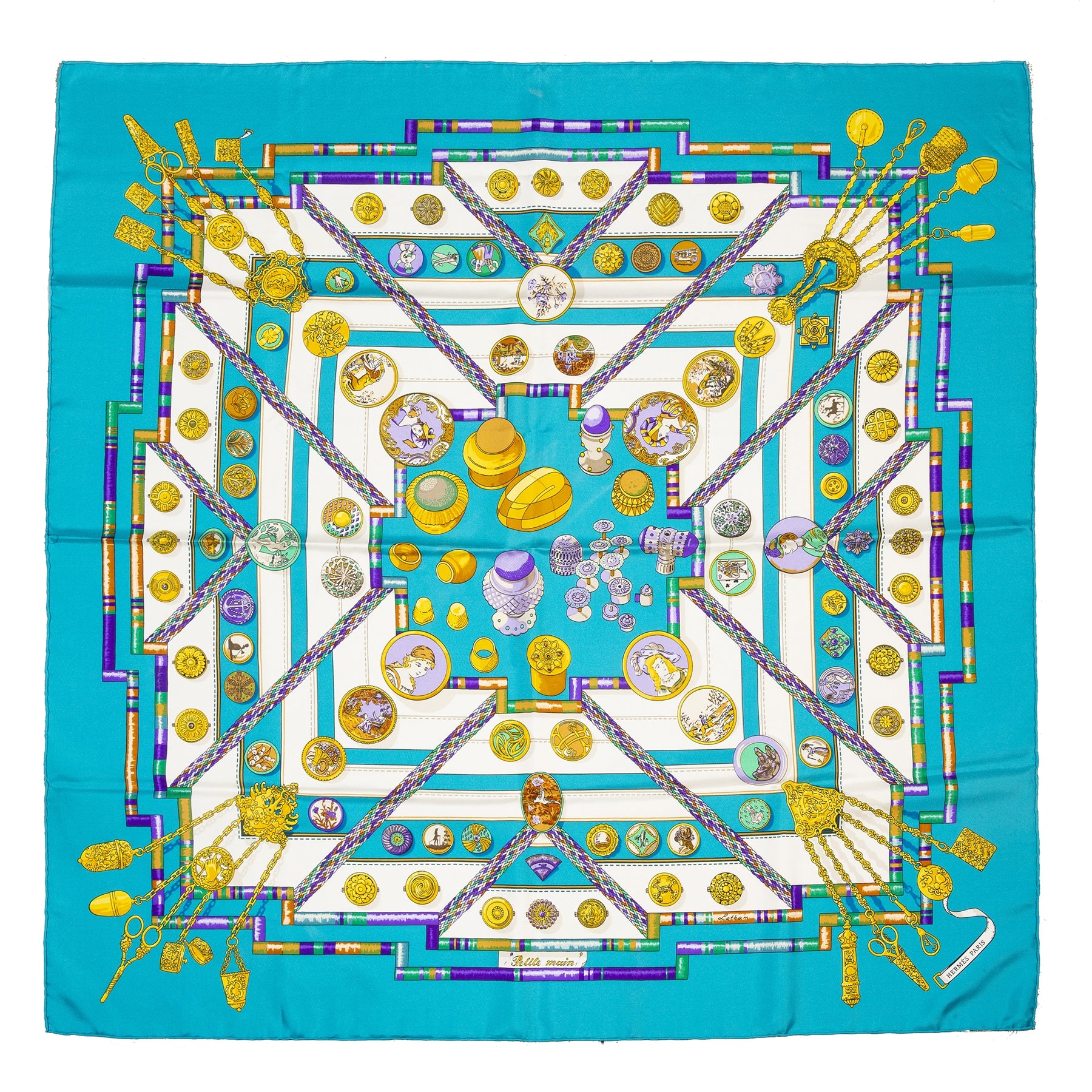 Authentieke tweedehands Hermès turquoise gold chains silk scarf juiste prijs veilig online winkelen LabelLOV webshop luxe merken winkelen Antwerpen België mode fashion