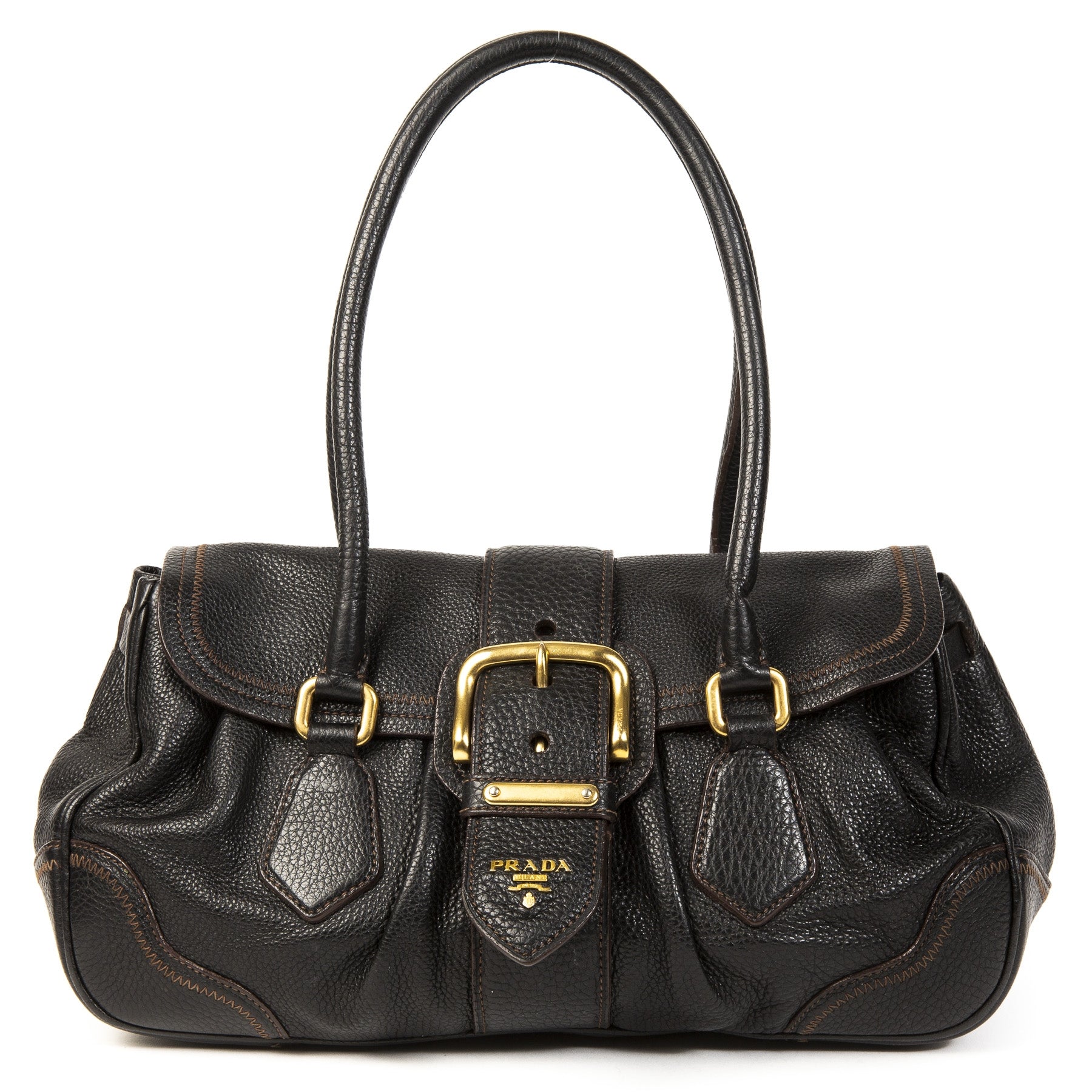 Authentieke tweedehands vintage Prada Black Gold Shouder Bag koop online webshop LabelLOV