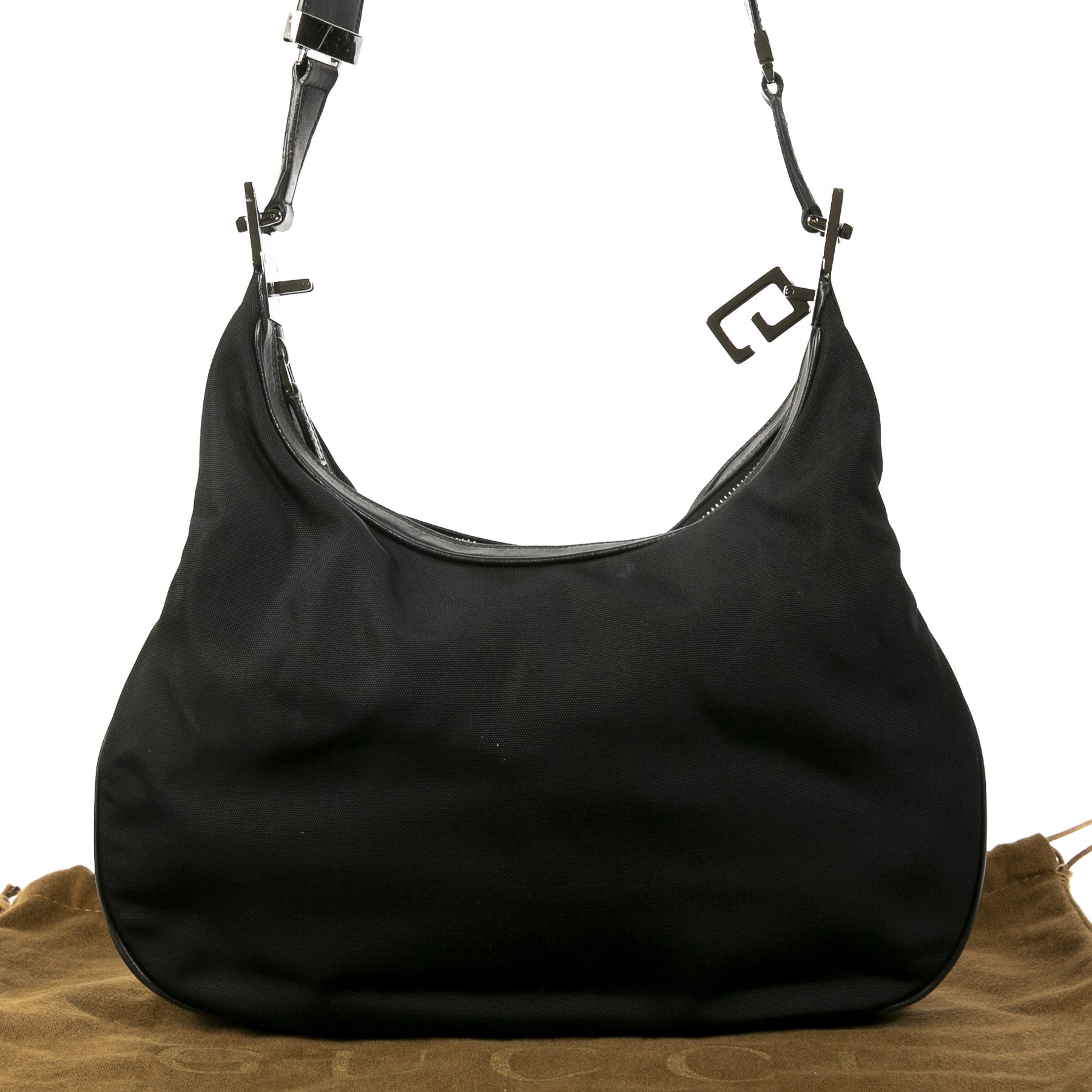 Authentieke Tweedehands Gucci Black Canvas Silver Hobo Shoulder Bag juiste prijs veilig online shoppen luxe merken webshop winkelen Antwerpen België mode fashion