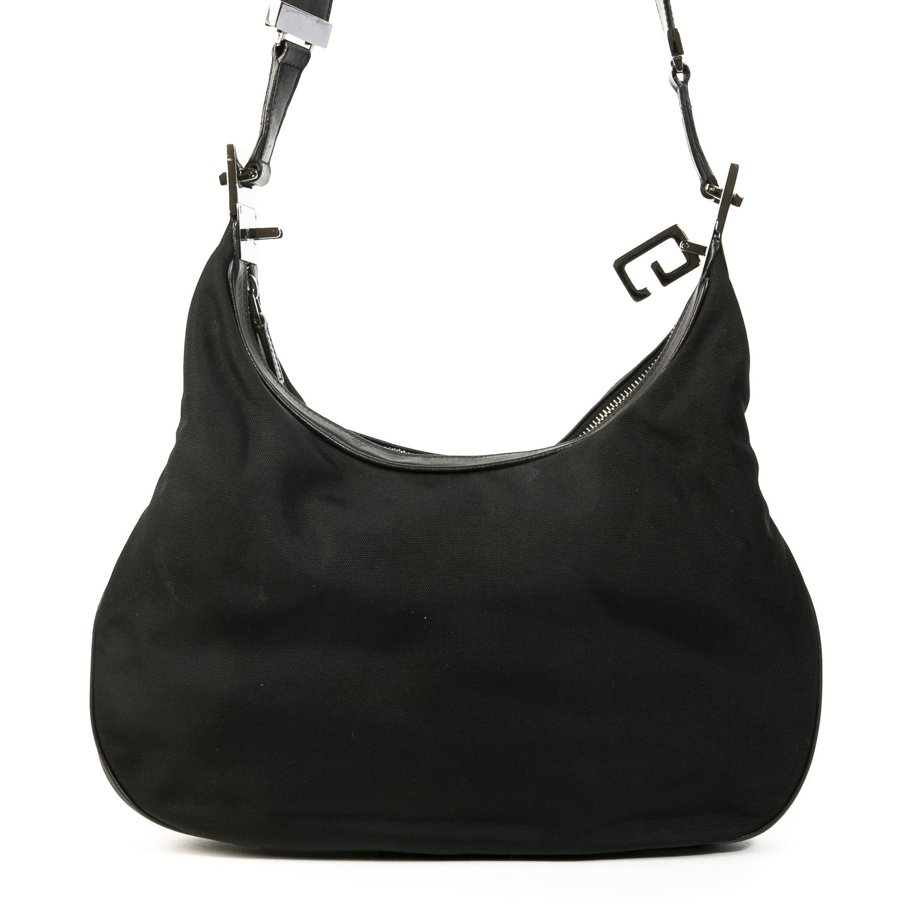 Authentieke Tweedehands Gucci Black Canvas Silver Hobo Shoulder Bag juiste prijs veilig online shoppen luxe merken webshop winkelen Antwerpen België mode fashion