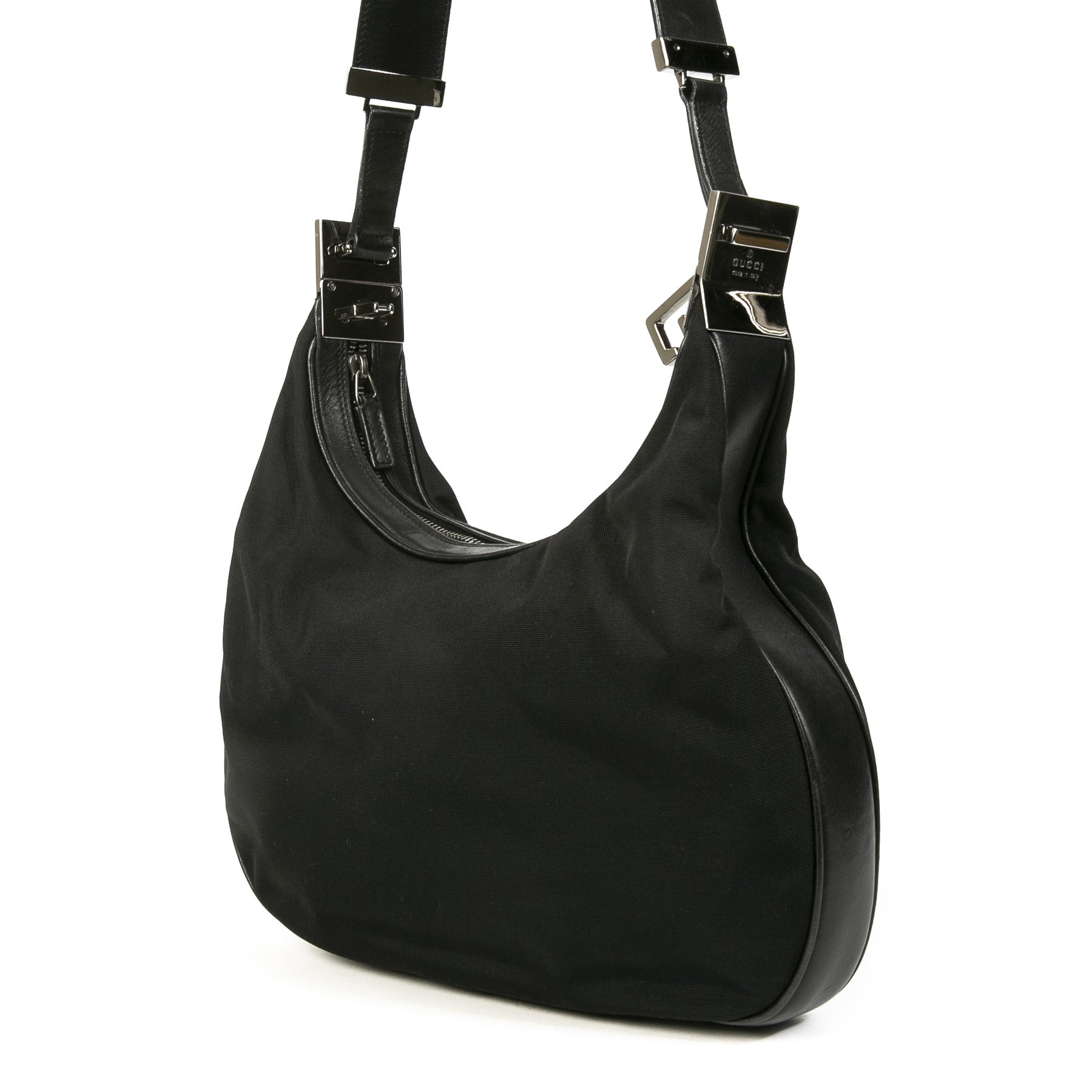 Authentieke Tweedehands Gucci Black Canvas Silver Hobo Shoulder Bag juiste prijs veilig online shoppen luxe merken webshop winkelen Antwerpen België mode fashion